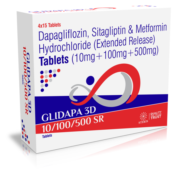 GLIDAPA 3D 10/100/500 SR Dapaflozin 10 mg, Sitagliptin 100 mg & Metformin SR 500 mgIntroductionGLIDAPA 3D 10/100/500 SR is a sophisticated, multi-mechanism oral medication designed for the management of Type 2 diabetes. It combines Dapagliflozin (10 mg), Sitagliptin (100 mg), and Metformin (500 mg, sustained release), offering a robust, integrated approach to controlling high blood glucose levels.Mechanism of ActionDapagliflozin (10 mg): As an SGLT2 inhibitor, Dapagliflozin promotes the excretion of glucose through urine by blocking its reabsorption in the kidneys. This helps to lower blood sugar levels and also has benefits for weight loss and cardiovascular health.Sitagliptin (100 mg): A DPP-4 inhibitor, Sitagliptin works by enhancing the body's own ability to lower blood glucose levels in response to meals. It does this by increasing the levels of incretin hormones, which affect the pancreas to produce more insulin and less glucagon.Metformin SR (500 mg): Metformin works primarily by reducing glucose production in the liver, improving insulin sensitivity, and lowering glucose absorption in the gut. The sustained-release (SR) formulation ensures a steady release over time, minimizing gastrointestinal side effects and maintaining more consistent blood sugar control.BenefitsGLIDAPA 3D 10/100/500 SR provides a comprehensive treatment solution by addressing several key pathways in glucose metabolism, thereby reducing the risk of both hyperglycemia and associated complications. The combination of these three active substances in a single formulation enhances convenience and potentially improves adherence to treatment protocols.Dosage and AdministrationDosage: The recommended starting dose depends on the patient’s current treatment regimen and their specific health profile. Adjustments should be made based on effectiveness and tolerability, under the guidance of a healthcare professional.Administration: This medication should be taken once daily in the morning, with or without food. The tablet should be swallowed whole to maintain the sustained release of Metformin.Side EffectsPossible side effects of GLIDAPA 3D 10/100/500 SR include urinary tract and genital infections (due to Dapagliflozin), nausea or a sore throat (from Sitagliptin), and digestive issues such as diarrhea or abdominal pain (common with Metformin). Most side effects are manageable and tend to decrease over time.ConclusionGLIDAPA 3D 10/100/500 SR is a versatile and effective option for those managing Type 2 diabetes, offering triple-action treatment in one convenient medication. It targets various aspects of diabetes management, improves glycemic control, and enhances overall quality of life. Patients are advised to maintain regular follow-ups with their healthcare provider to optimize treatment outcomes and manage any side effects.For further information: EMAIL: info@sterispharma.com / contact@sterispharma.com CALL/WHATSAPP: 7877551268, 7849827488 Order Nowhttps://www.sterisonline.com/product/glidapa-3d-10-100-500-sr-134215