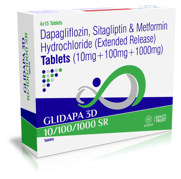 GLIDAPA 3D 10/100/1000 SR Dapaflozin 10, Sitagliptin 100 mg & Metformin SR 1000 mgIntroductionGLIDAPA 3D 10/100/1000 SR is a comprehensive oral medication tailored for the treatment of Type 2 diabetes. This potent combination incorporates Dapagliflozin (10 mg), Sitagliptin (100 mg), and a higher dose of Metformin (1000 mg, sustained release), designed to effectively manage high blood sugar levels throughout the day.Mechanism of ActionDapagliflozin (10 mg): As an SGLT2 inhibitor, Dapagliflozin facilitates the removal of excess glucose from the body via the urine, helping to reduce blood glucose levels and also supporting weight loss and cardiovascular health.Sitagliptin (100 mg): A DPP-4 inhibitor, Sitagliptin increases the levels of incretin hormones, which enhances the pancreatic response to high blood sugar after meals by increasing insulin production and decreasing glucagon secretion.Metformin SR (1000 mg): The higher dose of Metformin in this formulation works to decrease hepatic glucose production, improve insulin sensitivity, and reduce glucose absorption in the intestines. The sustained-release form minimizes gastrointestinal side effects and provides more stable blood sugar control.BenefitsGLIDAPA 3D 10/100/1000 SR offers a potent therapeutic strategy by combining three drugs, each targeting a different aspect of diabetes management. This not only maximizes glucose control but also simplifies the treatment regimen, potentially enhancing patient compliance and reducing the risk of long-term complications.Dosage and AdministrationDosage: The dosage should be tailored to the individual’s current health status, effectiveness of the treatment, and tolerability. Regular monitoring of blood glucose and adjustment of the dose may be necessary.Administration: It is recommended to take the medication once daily in the morning, with or without food. The tablet should be swallowed whole to ensure proper release of Metformin over time.Side EffectsCommon side effects may include urinary tract infections (due to Dapagliflozin), potential gastrointestinal disturbances such as nausea or diarrhea (common with Metformin), and a sore throat or nasopharyngitis associated with Sitagliptin. These side effects are generally mild and manageable.ConclusionGLIDAPA 3D 10/100/1000 SR is a highly effective option for managing Type 2 diabetes, offering a strategic blend of three medications to control blood sugar levels, improve metabolic health, and reduce the risk of diabetes-related complications. This enhanced formulation is suitable for patients requiring a robust approach to diabetes management, emphasizing the importance of ongoing collaboration with healthcare providers to tailor and optimize treatment.For further information: EMAIL: info@sterispharma.com / contact@sterispharma.com CALL/WHATSAPP: 7877551268, 7849827488 Order Nowhttps://www.sterisonline.com/product/glidapa-3d-10-100-1000-sr-134216