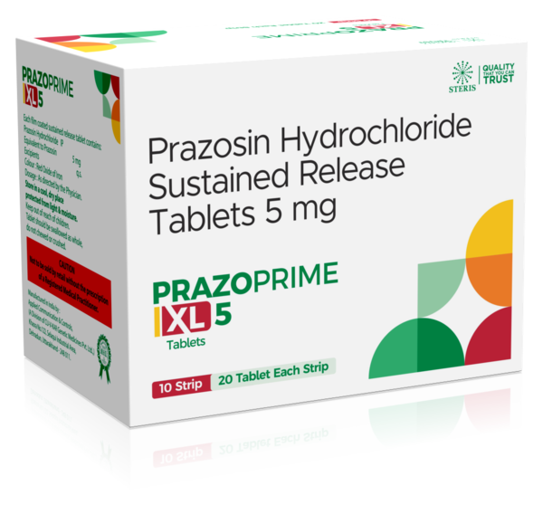 PRAZOPRIME XL 5Prazosin SR 5.0PRAZOPRIME XL 5 is a potent medication formulated with Prazosin SR 5.0, designed to manage hypertension effectively. Prazosin SR 5.0, a sustained-release formulation, ensures consistent blood pressure control throughout the day.This medication works by relaxing blood vessels, allowing blood to flow more smoothly, thus reducing the workload on the heart and lowering blood pressure. It is commonly prescribed for patients with hypertension, a condition that can lead to serious health complications if left unmanaged.The extended-release nature of Prazosin SR 5.0 in PRAZOPRIME XL 5 provides convenience by requiring fewer daily doses compared to immediate-release formulations. This helps improve medication adherence and enhances treatment outcomes.Patients using PRAZOPRIME XL 5 should follow their healthcare provider's instructions regarding dosage and administration. Regular monitoring of blood pressure and periodic check-ups are essential for optimal management of hypertension.Like all medications, PRAZOPRIME XL 5 may have potential side effects such as dizziness, fatigue, and low blood pressure. It is crucial to report any unusual symptoms to your doctor promptly.Consult your healthcare provider to determine if PRAZOPRIME XL 5 is suitable for your hypertension management needs.For further information:Email: info@sterispharma.com / contact@sterispharma.comCall/WhatsApp: 7877551268, 7849827488Buy Now: https://www.sterisonline.com/product/prazoprime-xl-5-134147