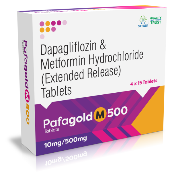 PAFAGOLD M 500 Dapaflozin 10 mg + Metformin SR 500 mgIntroduction to PAFAGOLD M 500PAFAGOLD M 500 is a combination medication that includes Dapagliflozin 10mg and Metformin Hydrochloride Sustained Release (SR) 500mg. This medication is primarily used for the management of type 2 diabetes mellitus. By combining the complementary mechanisms of Dapagliflozin and Metformin, PAFAGOLD M 500 offers comprehensive glycemic control, helping patients manage their blood sugar levels effectively.What are Dapagliflozin and Metformin?Overview of DapagliflozinDapagliflozin is an SGLT2 (sodium-glucose co-transporter-2) inhibitor that works by preventing the kidneys from reabsorbing glucose back into the blood, which allows glucose to be excreted in the urine. This helps lower blood sugar levels. Dapagliflozin also offers additional benefits such as weight loss and cardiovascular protection.Overview of MetforminMetformin is a biguanide that helps lower blood sugar levels by improving the body's sensitivity to insulin and reducing the amount of glucose produced by the liver. It also enhances peripheral glucose uptake and utilization. The sustained-release formulation ensures a prolonged effect throughout the day.Benefits of PAFAGOLD M 500Effective Blood Sugar ManagementPostprandial and Fasting Glucose Control: Dapagliflozin helps regulate fasting glucose levels by promoting glucose excretion through urine, while Metformin assists in lowering both fasting and postprandial (after-meal) glucose levels by promoting insulin sensitivity and reducing hepatic glucose production.Comprehensive Glycemic Control: The combination of these two medications provides a dual mechanism of action that targets multiple pathways of glucose regulation, offering comprehensive blood sugar management.Support for Diabetes ManagementDiet and Exercise Adjunct: PAFAGOLD M 500 is an excellent adjunct to diet and exercise, helping patients achieve better blood sugar control when lifestyle modifications alone are insufficient.Reduced Risk of Complications: By maintaining more stable blood sugar levels, PAFAGOLD M 500 can help reduce the risk of long-term complications associated with diabetes, such as cardiovascular disease, neuropathy, and retinopathy.Additional Health BenefitsWeight Management: Dapagliflozin has been associated with weight loss due to the excretion of glucose and calories in the urine.Cardiovascular Protection: SGLT2 inhibitors like Dapagliflozin have been shown to provide cardiovascular benefits, reducing the risk of heart failure and other cardiovascular events in diabetic patients.How to Use PAFAGOLD M 500Dosage and AdministrationRecommended Dosage: The typical dosage of PAFAGOLD M 500 is one tablet taken once daily. Your healthcare provider may adjust the dosage based on your individual response and blood sugar levels.Administration: Take the tablet with meals to reduce the risk of gastrointestinal discomfort and enhance the effectiveness of Metformin. Swallow the tablet whole with a full glass of water.Guidelines for Optimal UseConsistent Use: For best results, take PAFAGOLD M 500 regularly as prescribed by your healthcare provider.Monitor Blood Sugar Levels: Regularly check your blood sugar levels to ensure the medication is effectively controlling your diabetes. Adjustments to your treatment plan may be necessary based on these readings.For further information: EMAIL: info@sterispharma.com / contact@sterispharma.com CALL/WHATSAPP: 7877551268, 7849827488 Order Nowhttps://www.sterisonline.com/product/pafagold-m-500-134322