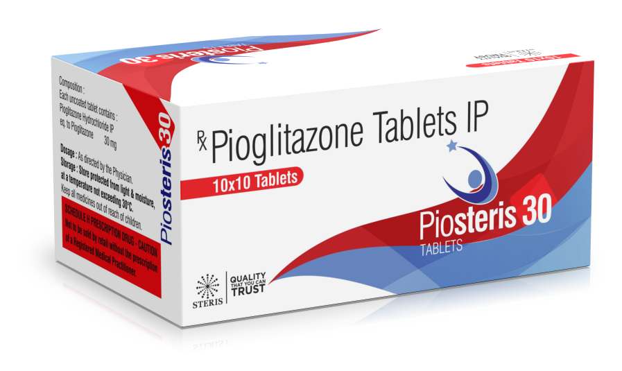 PIOSTERIS 30 Pioglitazone (30mg)Introduction to PIOSTERIS 30PIOSTERIS 30 contains Pioglitazone 30mg, a medication used primarily for the management of type 2 diabetes mellitus. Pioglitazone belongs to a class of drugs known as thiazolidinediones (TZDs), which help improve blood sugar control by increasing the body's sensitivity to insulin. This medication is typically used in combination with diet and exercise to enhance glycemic control in adults with type 2 diabetes.What is Pioglitazone?Overview of PioglitazonePioglitazone is an oral diabetes medicine that works by making cells more sensitive to insulin, thereby allowing the body to use insulin more effectively. This helps lower blood sugar levels in patients with type 2 diabetes. Pioglitazone can be used alone or in combination with other antidiabetic medications.Mechanism of ActionInsulin Sensitization: Pioglitazone works by activating peroxisome proliferator-activated receptor gamma (PPARγ) receptors, which are involved in the regulation of genes responsible for glucose and lipid metabolism. This activation increases the sensitivity of body tissues to insulin.Glucose Uptake: By improving insulin sensitivity, Pioglitazone enhances glucose uptake in muscle and adipose tissue and reduces hepatic glucose production, leading to lower blood sugar levels.Benefits of PIOSTERIS 30Effective Blood Sugar ManagementImproved Insulin Sensitivity: PIOSTERIS 30 helps improve the body's response to insulin, leading to better control of blood sugar levels.Comprehensive Glycemic Control: By targeting insulin resistance, Pioglitazone provides a unique mechanism of action that complements other diabetes medications, offering comprehensive blood sugar management.Support for Diabetes ManagementDiet and Exercise Adjunct: PIOSTERIS 30 is an excellent adjunct to diet and exercise, helping patients achieve better blood sugar control when lifestyle modifications alone are insufficient.Reduced Risk of Complications: By maintaining more stable blood sugar levels, PIOSTERIS 30 can help reduce the risk of long-term complications associated with diabetes, such as cardiovascular disease, neuropathy, and retinopathy.Additional Health BenefitsLipid Profile Improvement: Pioglitazone has been shown to improve lipid profiles by lowering triglycerides and increasing HDL cholesterol levels, which can provide additional cardiovascular benefits.How to Use PIOSTERIS 30Dosage and AdministrationRecommended Dosage: The typical dosage of PIOSTERIS 30 is one tablet taken once daily. Your healthcare provider may adjust the dosage based on your individual response and blood sugar levels.Administration: Take the tablet with or without food. Swallow the tablet whole with a full glass of water. Consistency is key, so take the medication at the same time each day.Guidelines for Optimal UseConsistent Use: For best results, take PIOSTERIS 30 regularly as prescribed by your healthcare provider.Monitor Blood Sugar Levels: Regularly check your blood sugar levels to ensure the medication is effectively controlling your diabetes. Adjustments to your treatment plan may be necessary based on these readings.For further information: EMAIL: info@sterispharma.com / contact@sterispharma.com CALL/WHATSAPP: 7877551268, 7849827488 Order Nowhttps://www.sterisonline.com/product/piosteris-30-134190
