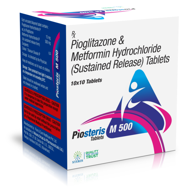 PIOSTERIS M 500 Pioglitazone & Metformin Sustained Release TabletIntroduction to PIOSTERIS M 500PIOSTERIS M 500 is a combination medication that includes Pioglitazone and Metformin Hydrochloride (Sustained Release). This medication is primarily used for the management of type 2 diabetes mellitus. By combining the complementary mechanisms of Pioglitazone and Metformin, PIOSTERIS M 500 offers comprehensive glycemic control, helping patients manage their blood sugar levels effectively.What are Pioglitazone and Metformin?Overview of PioglitazonePioglitazone is a thiazolidinedione (TZD) that works by increasing the body's sensitivity to insulin. It helps lower blood sugar levels by making cells more responsive to insulin, enhancing glucose uptake in muscle and adipose tissue, and reducing hepatic glucose production.Overview of MetforminMetformin is a biguanide that helps lower blood sugar levels by improving the body's sensitivity to insulin and reducing the amount of glucose produced by the liver. It also enhances peripheral glucose uptake and utilization. The sustained-release formulation ensures a prolonged effect throughout the day.Benefits of PIOSTERIS M 500Effective Blood Sugar ManagementImproved Insulin Sensitivity: Pioglitazone helps improve the body's response to insulin, while Metformin enhances insulin sensitivity and reduces hepatic glucose production.Comprehensive Glycemic Control: The combination of these two medications provides a dual mechanism of action that targets multiple pathways of glucose regulation, offering comprehensive blood sugar management.Support for Diabetes ManagementDiet and Exercise Adjunct: PIOSTERIS M 500 is an excellent adjunct to diet and exercise, helping patients achieve better blood sugar control when lifestyle modifications alone are insufficient.Reduced Risk of Complications: By maintaining more stable blood sugar levels, PIOSTERIS M 500 can help reduce the risk of long-term complications associated with diabetes, such as cardiovascular disease, neuropathy, and retinopathy.Additional Health BenefitsLipid Profile Improvement: Pioglitazone has been shown to improve lipid profiles by lowering triglycerides and increasing HDL cholesterol levels, which can provide additional cardiovascular benefits.Sustained Blood Sugar Control: The sustained-release formulation of Metformin ensures prolonged blood sugar control throughout the day, improving patient compliance and overall effectiveness.How to Use PIOSTERIS M 500Dosage and AdministrationRecommended Dosage: The typical dosage of PIOSTERIS M 500 is one tablet taken once daily. Your healthcare provider may adjust the dosage based on your individual response and blood sugar levels.Administration: Take the tablet with meals to reduce the risk of gastrointestinal discomfort and enhance the effectiveness of Metformin. Swallow the tablet whole with a full glass of water.Guidelines for Optimal UseConsistent Use: For best results, take PIOSTERIS M 500 regularly as prescribed by your healthcare provider.Monitor Blood Sugar Levels: Regularly check your blood sugar levels to ensure the medication is effectively controlling your diabetes. Adjustments to your treatment plan may be necessary based on these readings.For further information: EMAIL: info@sterispharma.com / contact@sterispharma.com CALL/WHATSAPP: 7877551268, 7849827488 Order Nowhttps://www.sterisonline.com/product/piosteris-m-500-134243