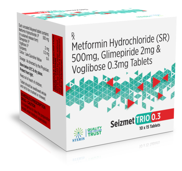 SEIZMET TRIO 0.3 Glimepiride (2mg), Metformin SR (500mg), Voglibose (0.3mg)Introduction to SEIZMET TRIO 0.3SEIZMET TRIO 0.3 is a combination medication that includes Glimepiride 2mg, Metformin Hydrochloride Sustained Release (SR) 500mg, and Voglibose 0.3mg. This medication is primarily used for the management of type 2 diabetes mellitus. By combining the complementary mechanisms of Glimepiride, Metformin, and Voglibose, SEIZMET TRIO 0.3 offers comprehensive glycemic control, helping patients manage their blood sugar levels effectively.What are Glimepiride, Metformin, and Voglibose?Overview of GlimepirideGlimepiride is a sulfonylurea that helps control blood sugar levels by stimulating the pancreas to release more insulin. It works by closing ATP-sensitive potassium channels in the pancreatic beta cells, leading to insulin secretion.Overview of MetforminMetformin is a biguanide that helps lower blood sugar levels by improving the body's sensitivity to insulin and reducing the amount of glucose produced by the liver. It also enhances peripheral glucose uptake and utilization. The sustained-release formulation ensures a prolonged effect throughout the day.Overview of VogliboseVoglibose is an alpha-glucosidase inhibitor that helps control blood sugar levels by slowing the digestion and absorption of carbohydrates in the small intestine. This leads to a slower and lower rise in blood glucose levels after meals.Benefits of SEIZMET TRIO 0.3Effective Blood Sugar ManagementTriple Mechanism of Action: Glimepiride stimulates insulin secretion, Metformin improves insulin sensitivity and reduces hepatic glucose production, and Voglibose slows carbohydrate absorption. This comprehensive approach offers robust glycemic control.Postprandial and Fasting Glucose Control: This combination helps manage both postprandial (after-meal) and fasting blood sugar levels, offering all-around glycemic control.Support for Diabetes ManagementDiet and Exercise Adjunct: SEIZMET TRIO 0.3 is an excellent adjunct to diet and exercise, helping patients achieve better blood sugar control when lifestyle modifications alone are insufficient.Reduced Risk of Complications: By maintaining more stable blood sugar levels, SEIZMET TRIO 0.3 can help reduce the risk of long-term complications associated with diabetes, such as cardiovascular disease, neuropathy, and retinopathy.Additional Health BenefitsWeight Management: Metformin is often associated with weight neutrality or modest weight loss, making it a favorable option for overweight or obese patients.Improved Glycemic Control: Voglibose’s action on slowing carbohydrate absorption leads to better control over postprandial spikes, contributing to overall glycemic stability.How to Use SEIZMET TRIO 0.3Dosage and AdministrationRecommended Dosage: The typical dosage of SEIZMET TRIO 0.3 is one tablet taken once or twice daily, depending on your healthcare provider's instructions. The dosage may be adjusted based on individual response and blood sugar levels.Administration: Take the tablet with meals to reduce the risk of gastrointestinal discomfort and enhance the effectiveness of Metformin and Voglibose. Swallow the tablet whole with a full glass of water.Guidelines for Optimal UseConsistent Use: For best results, take SEIZMET TRIO 0.3 regularly as prescribed by your healthcare provider.Monitor Blood Sugar Levels: Regularly check your blood sugar levels to ensure the medication is effectively controlling your diabetes. Adjustments to your treatment plan may be necessary based on these readings.For further information: EMAIL: info@sterispharma.com / contact@sterispharma.com CALL/WHATSAPP: 7877551268, 7849827488 Order Nowhttps://www.sterisonline.com/product/seizmet-trio-0-3-133446