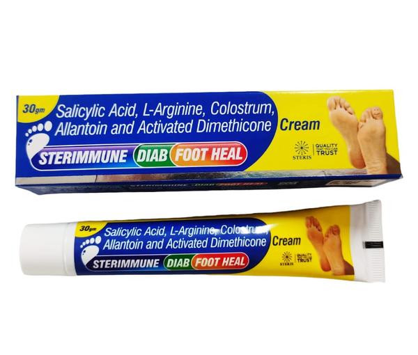 STERIMMUNE DIAB FOOT HEAL Salicylic Acid, L-Arginine, Colostrum, Allantoin and Activated Dimethicone CreamIntroduction to STERIMMUNE DIAB FOOT HEALSTERIMMUNE DIAB FOOT HEAL is a specialized cream designed to address and manage foot complications commonly experienced by individuals with diabetes. This therapeutic formulation contains a blend of Salicylic Acid, L-Arginine, Colostrum, Allantoin, and Activated Dimethicone. Each ingredient is chosen for its specific properties to promote healing, protect the skin, and maintain foot health.Key Ingredients and Their BenefitsSalicylic AcidSalicylic Acid is a beta hydroxy acid known for its keratolytic (exfoliating) properties. It helps:Exfoliate Dead Skin: Removes dead skin cells, preventing calluses and promoting smoother skin.Prevent Infections: Acts as an antimicrobial agent, reducing the risk of infections.L-ArginineL-Arginine is an amino acid that plays a crucial role in wound healing and blood circulation. It helps:Enhance Blood Flow: Improves microcirculation in the feet, essential for wound healing and overall foot health.Promote Healing: Supports the production of nitric oxide, which aids in faster wound healing.ColostrumColostrum is rich in antibodies and growth factors. It helps:Boost Immunity: Enhances the skin’s natural defense mechanisms, protecting against infections.Accelerate Healing: Promotes tissue repair and regeneration, speeding up the healing process.AllantoinAllantoin is a compound known for its soothing and moisturizing properties. It helps:Sooth and Protect: Calms irritated skin and protects it from further damage.Promote Cell Regeneration: Encourages the growth of new, healthy skin cells.Activated DimethiconeActivated Dimethicone is a silicone-based polymer that provides a protective barrier. It helps:Moisturize and Protect: Locks in moisture, keeping the skin hydrated and preventing dryness.Barrier Function: Forms a protective layer on the skin, shielding it from external irritants and preventing moisture loss.Benefits of STERIMMUNE DIAB FOOT HEALComprehensive Foot CareHealing and Protection: Combines multiple active ingredients to heal, protect, and maintain healthy skin.Moisturization and Hydration: Keeps the skin hydrated, preventing dryness and cracking, which are common issues in diabetic foot care.Support for Diabetic Foot HealthEnhanced Circulation: Improves blood flow in the feet, essential for healing and maintaining healthy skin.Infection Prevention: Reduces the risk of infections through antimicrobial action and enhanced skin immunity.Soothe and RepairSoothing Properties: Calms irritated and inflamed skin, providing relief from discomfort.Promotes Healing: Encourages the regeneration of healthy skin cells, speeding up the healing process.How to Use STERIMMUNE DIAB FOOT HEALDosage and AdministrationApplication: Apply a thin layer of STERIMMUNE DIAB FOOT HEAL to the affected areas of the feet once or twice daily, or as directed by your healthcare provider.Massage: Gently massage the cream into the skin until fully absorbed. Ensure the feet are clean and dry before application.Guidelines for Optimal UseConsistent Use: For best results, use STERIMMUNE DIAB FOOT HEAL regularly as part of your daily foot care routine.Monitor Foot Health: Regularly check your feet for signs of improvement or any new issues. Consult your healthcare provider if you notice any persistent problems.For further information: EMAIL: info@sterispharma.com / contact@sterispharma.com CALL/WHATSAPP: 7877551268, 7849827488 Order Nowhttps://www.sterisonline.com/product/sterimmune-diab-foot-heal-134292