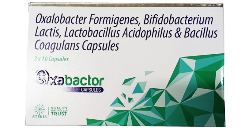 OXABACTOR Oxalobacter Formigenes, Bifidobacterium Lactis, Lactobacillus Acidophilus & Bacillus CoagulansOxabactor is a unique combination of probiotics containing Oxalobacter Formigenes, Bifidobacterium Lactis, Lactobacillus Acidophilus, and Bacillus Coagulans. These probiotic strains work synergistically to promote gut health and overall well-being.Oxalobacter Formigenes is known for its ability to metabolize oxalate, which can help reduce the risk of kidney stone formation by breaking down excess oxalate in the gut. Bifidobacterium Lactis and Lactobacillus Acidophilus are beneficial bacteria that support digestion and nutrient absorption, contributing to a healthy digestive system.Additionally, Bacillus Coagulans is a spore-forming probiotic that survives harsh stomach acids to reach the intestines, where it promotes a balanced gut flora and supports immune function.Together, these probiotic strains in Oxabactor contribute to digestive health, aid in nutrient absorption, and may reduce the risk of kidney stone formation by metabolizing oxalate, providing comprehensive support for overall wellness.For further information:Email: info@sterispharma.com / contact@sterispharma.comCall/WhatsApp: 7877551268, 7849827488ORDER Now: https://www.sterisonline.com/product/oxabactor-134253