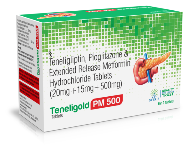 TENELIGOLD PM 500 Teneligliptin 20mg, Pioglitazone 15mg & Extended Release Metformin Hydrochloride 500mgTENELIGOLD PM 500 is a combination medication containing Teneligliptin, Pioglitazone, and Extended-Release Metformin Hydrochloride. It is primarily prescribed for the management of type 2 diabetes mellitus, a metabolic disorder characterized by high blood sugar levels due to insulin resistance or inadequate insulin production.Teneligliptin (20mg): Teneligliptin belongs to the dipeptidyl peptidase-4 (DPP-4) inhibitor class of drugs. It works by inhibiting the DPP-4 enzyme, which enhances the levels of incretin hormones such as GLP-1 (glucagon-like peptide-1) and GIP (glucose-dependent insulinotropic peptide). These hormones stimulate insulin secretion and inhibit glucagon release, leading to improved glucose control after meals.Pioglitazone (15mg): Pioglitazone is a thiazolidinedione medication that improves insulin sensitivity in muscle and adipose (fat) tissues. It reduces glucose production in the liver and enhances glucose uptake in peripheral tissues. This action helps lower blood sugar levels and improves overall glycemic control.Extended-Release Metformin Hydrochloride (500mg): Metformin is a biguanide medication that reduces glucose production in the liver, decreases intestinal glucose absorption, and enhances insulin sensitivity in peripheral tissues. Extended-release formulations provide a sustained release of the drug, allowing for once-daily dosing and potentially reducing gastrointestinal side effects.Key Benefits of TENELIGOLD PM 500:Comprehensive Glycemic Control: The combination of Teneligliptin, Pioglitazone, and Extended-Release Metformin offers comprehensive control over fasting and postprandial (after-meal) blood sugar levels.Improved Insulin Sensitivity: Pioglitazone and Metformin work synergistically to improve insulin sensitivity in cells, leading to better utilization of glucose and reduced insulin resistance.Incretin Hormone Enhancement: Teneligliptin enhances the action of incretin hormones, which regulate insulin secretion and glucagon levels, resulting in improved glucose regulation after meals.Reduced Side Effects: Extended-release formulations of Metformin may reduce gastrointestinal side effects compared to immediate-release formulations.Dosage and Administration:The typical dosage of TENELIGOLD PM 500 is one tablet taken orally once daily, preferably with meals.Swallow the tablet whole with a glass of water. Do not crush, chew, or split the tablet unless advised by your healthcare provider.Follow your doctor's instructions regarding dosage adjustments based on your medical condition and response to treatment.For further information: EMAIL: info@sterispharma.com / contact@sterispharma.com CALL/WHATSAPP: 7877551268, 7849827488 Order Nowhttps://www.sterisonline.com/product/teneligold-pm-500-134300