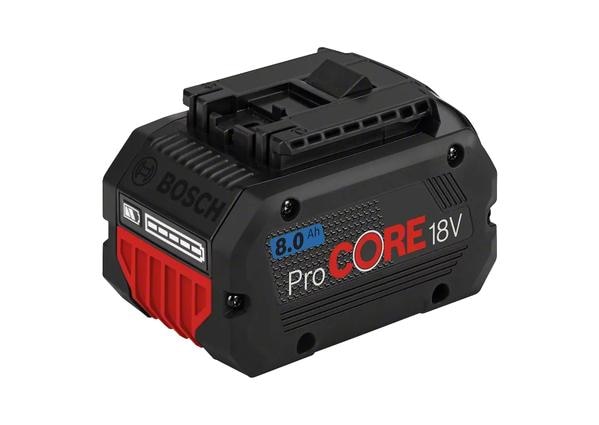 FAIR TRADE CORPORATION (FTC MUMBAI) Authorised Dealers for BOSCH PROCORE 18V 8.0AH PROFESSIONAL BATTERY PACKOrder Number: 1 600 A01 93NPRODUCT HIGHLIGHTS:The ProCORE18V 8.0Ah Professional is a Bosch ProCORE18V series high-performance battery, delivering the equivalent of up to 1,800 watts of corded power. Its new generation cell technology, combined with Bosch’s intelligent battery management, delivers 87% more power than conventional batteries. For added flexibility, it is compatible with all new and existing Bosch Professional 18 V tools and chargers (Professional 18V System). The battery also features COOLPACK 2.0 technology for superior heat dissipation from the inside to the outside of the battery. As heat can damage the cells, this COOLPACK 2.0 technology provides an impressive 135% longer lifetime than standard batteries, enabling it to perform for longer work periods.EQUIPMENT & APPLICATION:The ProCORE18V 8.0 Ah Professional is a Lithium-ion (Li-ion) battery with a fuel gauge display for battery status.FUNCTIONS & KEY FEATURES:- High performance battery for up to 1,800 Watt corded power- 87% more power compared to a conventional battery - thanks to latest cell technology and Bosch’s intelligent battery management- Professional 18V System: 100% compatible with all new and existing Bosch Professional 18 V power tools and chargers- 135% longer lifetime compared to an standard battery due to COOLPACK 2.0 technology preventing the battery from overheatingINCLUDED IN THIS VARIANT:- Cardboard boxTECHNICAL DATAADDITIONAL DATA:- Battery voltage: 18.0 V- Weight: 0.955 kg- Battery capacity: 8 Ah- Battery Dimensions (width x length x height): 77 x 117 x 69 mm