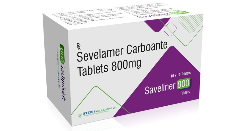 SAVELINER 800 Sevelamer (800mg)Saveliner 800 is a medication containing Sevelamer in a strength of 800mg per dose. Sevelamer is a phosphate binder used to treat high levels of phosphate in the blood, commonly seen in patients with chronic kidney disease (CKD) or those undergoing dialysis.Sevelamer works by binding to phosphate from food in the digestive tract, preventing its absorption into the bloodstream. This helps to lower phosphate levels in the blood, reducing the risk of complications such as bone problems and cardiovascular issues associated with high phosphate levels.It is typically prescribed by healthcare providers as part of a comprehensive treatment plan for managing CKD and maintaining optimal phosphate levels in the body. Saveliner 800 should be taken as directed by your healthcare provider, usually with meals and accompanied by sufficient water intake.As with any medication, there may be possible side effects or interactions with other drugs, so it's important to follow your healthcare provider's instructions closely and report any unusual symptoms or concerns while taking Saveliner 800.For further information:Email: info@sterispharma.com / contact@sterispharma.comCall/WhatsApp: 7877551268, 7849827488Order Now: https://www.sterisonline.com/product/saveliner-800-133675