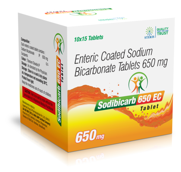 SODIBICARB 650 ECSodibicarb Bicarbonate 650 mgSodibicarb Bicarbonate 650 mgDescription:Sodibicarb 650 EC is a medication containing 650 mg of Sodibicarb Bicarbonate. This active ingredient plays a vital role in various physiological processes, particularly in the regulation of acid-base balance in the body.Uses:Acid-Base Balance: Sodibicarb 650 EC is commonly used to treat conditions associated with an imbalance in acid-base levels, such as metabolic acidosis. It works by neutralizing excess acid in the blood, restoring the body's natural pH levels.Dosage and Administration:The dosage of Sodibicarb 650 EC may vary depending on the individual's condition and medical history. It is crucial to follow the prescribed dosage and administration instructions provided by a healthcare professional.For further information:Email: info@sterispharma.com / contact@sterispharma.comCall/WhatsApp: 7877551268, 7849827488Order Now: https://www.sterisonline.com/product/sodibicarb-650-ec-134324
