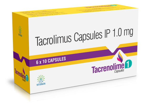 TACRENOLIME 1Tacrolimus Capsules (1mg)Tacrenolime 1 is a medication available in capsule form, containing Tacrolimus in a 1mg strength. Tacrolimus is an immunosuppressant drug used to prevent rejection in organ transplant recipients. It works by suppressing the immune system's response to foreign substances, reducing the risk of the body rejecting transplanted organs such as the kidney, liver, or heart.This medication is typically prescribed by healthcare professionals experienced in immunosuppressive therapy. Patients taking Tacrenolime 1 should follow their doctor's instructions carefully regarding dosage and administration. It is essential to take the medication at the same time each day to maintain consistent blood levels.Tacrenolime 1 capsules should be swallowed whole with a glass of water, preferably on an empty stomach or as directed by a healthcare provider. It is crucial not to crush, chew, or break the capsules before swallowing, as this may alter the drug's effectiveness or cause adverse effects.Common side effects of Tacrenolime 1 may include nausea, vomiting, diarrhea, headache, or changes in kidney function. Patients should report any severe or persistent side effects to their doctor promptly.It is essential for patients taking Tacrenolime 1 to attend regular check-ups and blood tests as recommended by their healthcare provider to monitor their response to the medication and detect any potential complications early.For further information:Email: info@sterispharma.com / contact@sterispharma.comCall/WhatsApp: 7877551268, 7849827488Order Now: https://www.sterisonline.com/product/tacrenolime-1-133686
