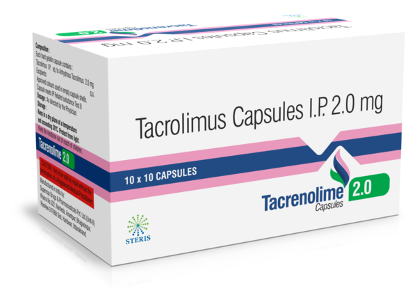 TACRENOLIME 2Tacrolimus Capsules (2mg)Tacrenolime 2 is a medication available in capsule form containing Tacrolimus in a strength of 2mg. Tacrolimus is an immunosuppressant drug used to prevent rejection after organ transplantation. It works by suppressing the immune system to reduce the risk of the body attacking the transplanted organ.This medication is typically prescribed by healthcare professionals for patients who have undergone organ transplant surgery. It is essential to follow the dosage instructions provided by your doctor and to take Tacrenolime 2 exactly as prescribed.Common side effects of Tacrolimus may include nausea, vomiting, diarrhea, headache, or tremors. It is important to report any severe or persistent side effects to your healthcare provider promptly.Tacrenolime 2 should be stored at room temperature away from moisture and heat. Keep this medication out of reach of children and pets.Please note that this description is a brief overview, and it is important to consult with a healthcare professional for more detailed information and guidance on the use of Tacrenolime 2.For further information:Email: info@sterispharma.com / contact@sterispharma.comCall/WhatsApp: 7877551268, 7849827488Order Now: https://www.sterisonline.com/product/tacrenolime-2-133687