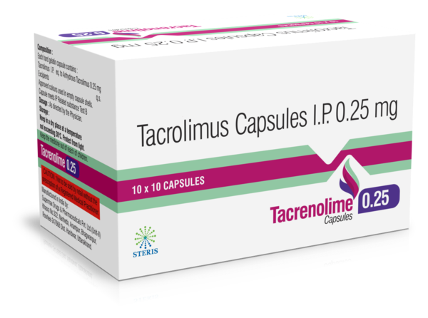 TACRENOLIME 0.25Tacrolimus (0.25mg)Tacrenolime 0.25 is a medication containing Tacrolimus at a strength of 0.25mg per dose. Tacrolimus is a potent immunosuppressive drug used primarily in transplant medicine to prevent rejection of transplanted organs like kidneys, liver, and heart.Key Features of TACRENOLIME 0.25:Immunosuppression: Tacrolimus works by inhibiting the activity of T-lymphocytes, a type of white blood cell involved in the immune response. This helps in preventing the body from attacking and rejecting transplanted organs.Dosage: The recommended dosage of Tacrenolime 0.25 varies based on the patient's medical condition, transplant type, and response to treatment. It is crucial to follow the prescribed dosage regimen as directed by the healthcare provider.Administration: Tacrenolime 0.25 is usually administered orally in the form of capsules or tablets. It is important to take the medication at the same time each day for optimal effectiveness.Monitoring: Patients taking Tacrenolime 0.25 require regular monitoring of their blood levels to ensure that the drug is within the therapeutic range and to minimize the risk of side effects.Side Effects: Common side effects of Tacrenolime 0.25 may include nausea, vomiting, diarrhea, headache, and changes in blood pressure. Serious side effects such as kidney problems or infections may also occur, requiring immediate medical attention.For further information:Email: info@sterispharma.com / contact@sterispharma.comCall/WhatsApp: 7877551268, 7849827488Order Now: https://www.sterisonline.com/product/tacrenolime-0-25-133684