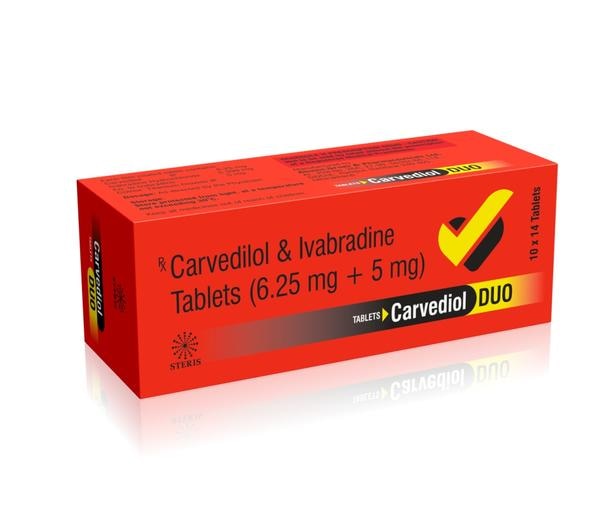 CARVEDIOL DUO Carvedilol (6.25mg) & Ivabridine (5mg)Carvediol Duo combines Carvedilol (6.25mg) and Ivabridine (5mg), forming a medication blend used to manage certain heart conditions like heart failure and angina (chest pain). Carvedilol, a beta-blocker, and Ivabridine, a heart rate-lowering agent, work synergistically to regulate heart function. Carvedilol reduces blood pressure by blocking certain natural substances, while Ivabridine specifically slows the heart rate. Taken orally, typically twice daily with food, it's vital to adhere to prescribed dosages. Abrupt discontinuation should be avoided without medical consultation. Common side effects may include dizziness, fatigue, and low blood pressure. If severe reactions such as difficulty breathing or fainting occur, seek immediate medical attention. Inform your healthcare provider of all medications or supplements you take, as they may interact with Carvediol Duo.