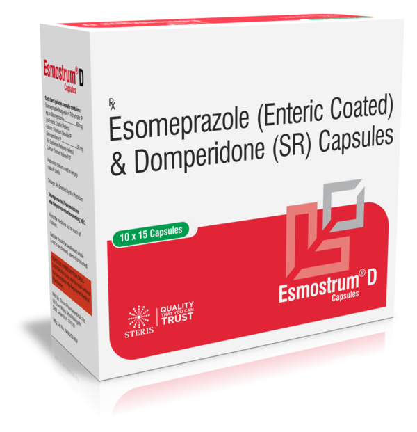 ESMOSTRUM DDomperidone (30mg), Esomeprazole (40mg)ESMOSTRUM D is a medication combining Domperidone (30mg) and Esomeprazole (40mg) in a single formulation. Domperidone is a gastrointestinal prokinetic agent that helps to improve stomach emptying and reduce nausea and vomiting. It works by blocking dopamine receptors in the brain and gut, thereby increasing the movement of food through the digestive system.Esomeprazole belongs to a class of medications called proton pump inhibitors (PPIs), which reduce the production of stomach acid by blocking the action of proton pumps in the stomach lining. This helps to relieve symptoms of acid reflux, heartburn, and gastroesophageal reflux disease (GERD) by reducing the amount of acid that can irritate the esophagus.ESMOSTRUM D is commonly used to treat conditions such as:Gastroesophageal Reflux Disease (GERD): It helps to relieve symptoms like heartburn, acid regurgitation, and difficulty swallowing by reducing stomach acid production.Peptic Ulcers: By reducing stomach acid, ESMOSTRUM D can aid in healing and preventing ulcers in the stomach or duodenum.Gastroparesis: Domperidone's prokinetic effects can help improve stomach emptying and alleviate symptoms like nausea, vomiting, and bloating associated with delayed gastric emptying.It's important to take ESMOSTRUM D as prescribed by your healthcare provider to achieve the best results. Common side effects may include headache, diarrhea, constipation, and dizziness. If you experience any severe or persistent side effects, contact your doctor promptly.For further information:Email: info@sterispharma.com / contact@sterispharma.comCall/WhatsApp: 7877551268, 7849827488ORDER Now: https://www.sterisonline.com/product/esmostrum-d-133762