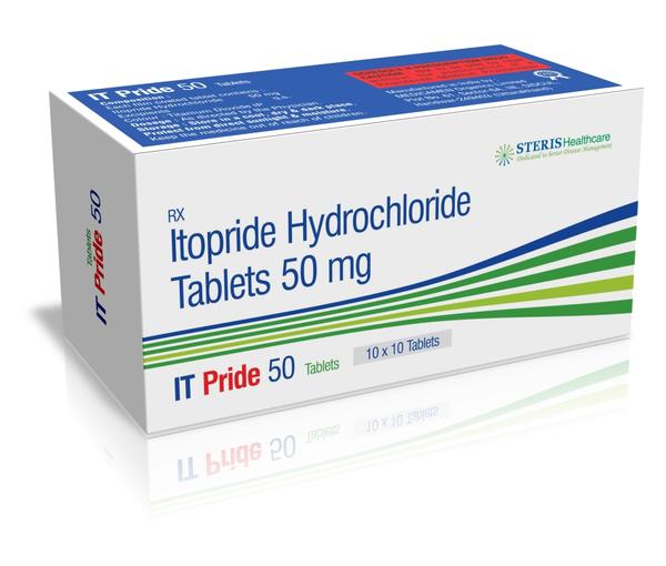 IT PRIDE 50Itopride (50mg)IT Pride 50 is a medication containing Itopride (50mg), a prokinetic agent used to treat gastrointestinal disorders. Itopride works by enhancing the motility of the gastrointestinal tract and regulating the movement of food through the digestive system.Itopride is commonly prescribed for conditions such as:Gastroesophageal Reflux Disease (GERD): It helps relieve symptoms like heartburn, acid reflux, and regurgitation by improving the movement of food from the esophagus into the stomach.Dyspepsia: It is effective in managing symptoms of indigestion, bloating, discomfort, and early satiety by promoting faster gastric emptying.Functional Dyspepsia: Itopride can alleviate symptoms such as upper abdominal pain or discomfort, fullness, and nausea by enhancing gastric motility and reducing gastric sensitivity.Gastroparesis: It aids in the treatment of delayed gastric emptying, a condition where food remains in the stomach for an extended period, leading to symptoms like early satiety, bloating, and abdominal discomfort.Itopride exerts its effects by inhibiting the enzyme acetylcholinesterase and blocking the dopamine D2 receptors in the gastrointestinal tract. This results in increased acetylcholine levels, which enhances gastrointestinal motility and accelerates the passage of food through the digestive system.IT Pride 50 with Itopride (50mg) is generally well-tolerated, but some individuals may experience mild side effects such as headache, diarrhea, abdominal pain, or nausea. It is important to take this medication as prescribed by a healthcare professional and to follow their guidance for optimal results and minimal side effects.https://www.sterisonline.com/product/it-pride-50-133768