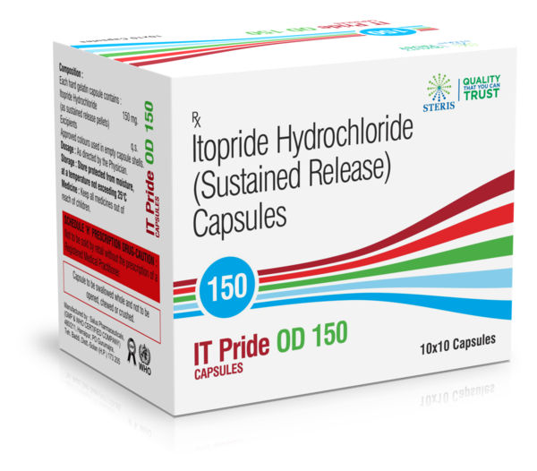 IT PRIDE OD 150 Itopride Hydrochloride 150mgIT Pride 50 is a medication containing Itopride (50mg), a prokinetic agent used to treat gastrointestinal disorders. Itopride works by enhancing the motility of the gastrointestinal tract and regulating the movement of food through the digestive system.Itopride is commonly prescribed for conditions such as:Gastroesophageal Reflux Disease (GERD): It helps relieve symptoms like heartburn, acid reflux, and regurgitation by improving the movement of food from the esophagus into the stomach.Dyspepsia: It is effective in managing symptoms of indigestion, bloating, discomfort, and early satiety by promoting faster gastric emptying.Functional Dyspepsia: Itopride can alleviate symptoms such as upper abdominal pain or discomfort, fullness, and nausea by enhancing gastric motility and reducing gastric sensitivity.Gastroparesis: It aids in the treatment of delayed gastric emptying, a condition where food remains in the stomach for an extended period, leading to symptoms like early satiety, bloating, and abdominal discomfort.Itopride exerts its effects by inhibiting the enzyme acetylcholinesterase and blocking the dopamine D2 receptors in the gastrointestinal tract. This results in increased acetylcholine levels, which enhances gastrointestinal motility and accelerates the passage of food through the digestive system.IT Pride 50 with Itopride (50mg) is generally well-tolerated, but some individuals may experience mild side effects such as headache, diarrhea, abdominal pain, or nausea. It is important to take this medication as prescribed by a healthcare professional and to follow their guidance for optimal results and minimal side effects.For further information:Email: info@sterispharma.com / contact@sterispharma.comCall/WhatsApp: 7877551268, 7849827488ORDER Now: https://www.sterisonline.com/product/it-pride-od-150-134066