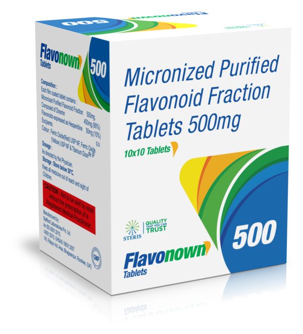 FLAVONOWN 500 Micronized purified Flavonoid Fraction 500 mgIntroductionFLAVONOWN 500 is a dietary supplement containing 500 mg of Micronized Purified Flavonoid Fraction (MPFF). This formulation is specifically designed to support vascular health, improve venous tone, and reduce symptoms related to chronic venous insufficiency (CVI) and hemorrhoidal disease. The micronization process enhances the absorption and bioavailability of the flavonoids, ensuring maximum therapeutic benefits.Key Component and Its BenefitsMicronized Purified Flavonoid Fraction (MPFF) 500 mgMicronized Purified Flavonoid Fraction is a combination of powerful flavonoids, primarily Diosmin and Hesperidin, known for their vascular benefits:Vascular Health: MPFF strengthens blood vessels, improving their tone and elasticity, which helps in maintaining healthy circulation.Reduces Inflammation: Flavonoids have anti-inflammatory properties that help reduce inflammation in the veins, alleviating symptoms associated with venous insufficiency and hemorrhoids.Enhances Lymphatic Drainage: Improves lymphatic drainage, reducing swelling and discomfort in the legs and other affected areas.Antioxidant Properties: Protects blood vessels from oxidative stress and damage caused by free radicals.Benefits of FLAVONOWN 500Supports Vascular HealthImproves Venous Tone: Enhances the tone and elasticity of veins, promoting better blood flow and reducing the risk of venous disorders.Strengthens Blood Vessels: Provides essential support to blood vessels, making them more resilient and less prone to damage.Reduces Symptoms of Venous InsufficiencyAlleviates Leg Pain and Swelling: Reduces pain, swelling, and heaviness in the legs, common symptoms of chronic venous insufficiency.Prevents Varicose Veins: Helps in the prevention and management of varicose veins by improving venous return and reducing venous pressure.Manages Hemorrhoidal DiseaseReduces Hemorrhoid Symptoms: Alleviates symptoms of hemorrhoids, such as pain, bleeding, and swelling, by reducing inflammation and improving venous tone.Promotes Healing: Supports the healing of hemorrhoidal tissue and reduces the frequency of flare-ups.How to Use FLAVONOWN 500Dosage and AdministrationRecommended Dosage: The typical dosage is one tablet taken once or twice daily, as directed by your healthcare provider.Administration: Swallow the tablet whole with a full glass of water. It is best taken with meals to enhance absorption and minimize gastrointestinal discomfort.Guidelines for Optimal UseConsistent Use: For best results, take FLAVONOWN 500 regularly at the same time each day as prescribed by your healthcare provider.Monitor Symptoms: Regularly monitor your symptoms and consult your healthcare provider to ensure the supplement is effectively managing your condition.For further information: EMAIL: info@sterispharma.com / contact@sterispharma.com CALL/WHATSAPP: 7877551268, 7849827488 BUY NOWhttps://www.sterisonline.com/product/flavonown-500-134222