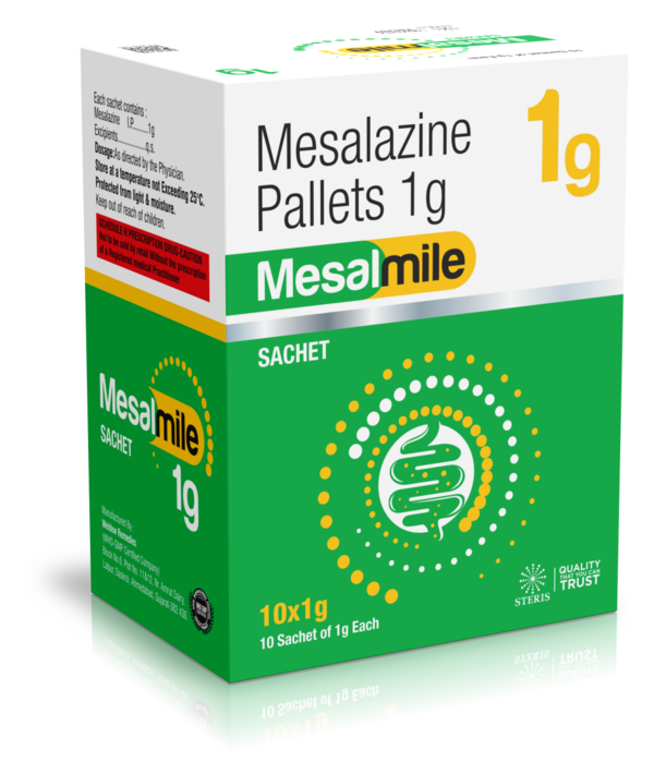 MESALMILE 1 Mesalazine (1g)Mesalmile 1 contains Mesalazine (1g), also known as Mesalamine, which is a medication used to treat inflammatory bowel diseases (IBD) such as ulcerative colitis and Crohn's disease. Mesalazine belongs to a class of medications called aminosalicylates, which work by reducing inflammation in the intestines.Here are some key points about Mesalmile 1:Uses: Mesalazine is used to treat and manage symptoms of ulcerative colitis and Crohn's disease, including diarrhea, abdominal pain, and rectal bleeding. It helps to reduce inflammation in the colon and rectum, leading to symptom relief and disease remission.Dosage: Mesalmile 1 comes in a formulation containing 1g of Mesalazine per dose. The dosage and frequency of Mesalazine may vary depending on the severity of the condition and the individual's response to treatment. It is typically taken orally, either as tablets or capsules.Side Effects: Common side effects of Mesalazine may include nausea, vomiting, diarrhea, headache, and abdominal pain. In some cases, it may cause allergic reactions or liver problems. It's important to discuss any side effects with your healthcare provider.Precautions: Mesalazine should be used with caution in individuals with kidney disease, liver disease, or a history of allergic reactions to salicylates. It may interact with certain medications, so inform your doctor about all the medications you are taking. For further information:Email: info@sterispharma.com / contact@sterispharma.comCall/WhatsApp: 7877551268, 7849827488ORDER Now: https://www.sterisonline.com/product/mesalmile-1-134372