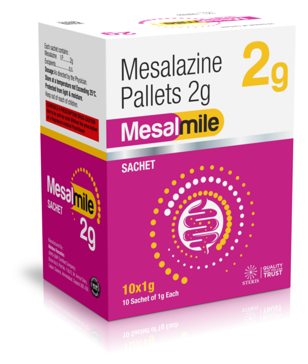 MESALMILE 2Mesalazine (2g)Mesalmile 2 contains Mesalazine (2g), a medication used to treat inflammatory bowel diseases like ulcerative colitis and Crohn's disease. It works by reducing inflammation in the intestines, relieving symptoms such as diarrhea, abdominal pain, and rectal bleeding. Mesalazine is often prescribed as a maintenance therapy to prevent disease flare-ups and promote remission. It's available in various forms like tablets and suppositories, with dosages tailored to individual patient needs. Always follow your doctor's advice and dosage instructions when using Mesalmile 2.For further information:Email: info@sterispharma.com / contact@sterispharma.comCall/WhatsApp: 7877551268, 7849827488ORDER Now: https://www.sterisonline.com/product/mesalmile-2-134371