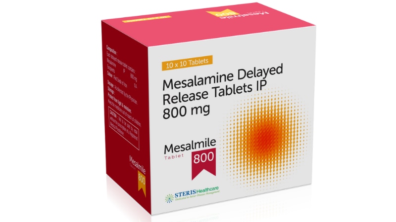 MESALMILE 800 ER Mesalamine (800mg)MESALMILE 800 ER is a medication that contains Mesalamine in an extended-release (ER) formulation, with each tablet containing 800mg of Mesalamine. Mesalamine belongs to a class of medications known as aminosalicylates, which are used to treat various inflammatory bowel diseases such as ulcerative colitis and Crohn's disease.Mesalamine works by reducing inflammation in the colon and rectum. It is believed to inhibit the production of inflammatory chemicals in the body, thus helping to alleviate symptoms such as abdominal pain, diarrhea, and rectal bleeding that are common in inflammatory bowel diseases.The extended-release formulation of MESALMILE 800 ER allows for a gradual release of Mesalamine throughout the day, providing sustained relief from symptoms and reducing the frequency of dosing compared to immediate-release formulations.It is important to take MESALMILE 800 ER as prescribed by your healthcare provider. Dosage and duration of treatment may vary depending on the severity of your condition and your individual response to the medication. Regular monitoring and follow-up with your healthcare provider are essential to ensure the effectiveness and safety of treatment.Common side effects of Mesalamine may include nausea, vomiting, diarrhea, abdominal pain, and headache. Serious side effects such as allergic reactions or worsening of symptoms should be reported to your healthcare provider immediately.MESALMILE 800 ER is a valuable medication for managing inflammatory bowel diseases, but it should be used under the guidance and supervision of a healthcare professional to optimize its benefits and minimize potential risks.For further information:Email: info@sterispharma.com / contact@sterispharma.comCall/WhatsApp: 7877551268, 7849827488ORDER Now: https://www.sterisonline.com/product/mesalmile-800-er-133781