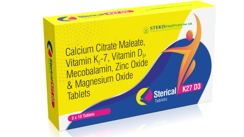 STERICAL K2-7D3 Calcium Citrate, Vitamin K2-7, Vitamin D3,Mecobalamin, Zinc, Magnesium TabSTERICAL K2-7D3 is a comprehensive dietary supplement that combines essential nutrients to support bone health, cardiovascular function, and overall well-being. This unique formulation contains Calcium Citrate, Vitamin K2-7, Vitamin D3, Mecobalamin, Zinc, and Magnesium, offering a range of benefits for optimal health.Key Ingredients:Calcium Citrate: This form of calcium is easily absorbed by the body and plays a vital role in maintaining strong bones and teeth. Adequate calcium intake is crucial for bone density and preventing conditions like osteoporosis.Vitamin K2-7: Vitamin K2-7 is known for its role in bone metabolism. It helps direct calcium to where it's needed most, such as the bones, and away from areas where excess calcium can be harmful, like arteries. This contributes to bone health and supports cardiovascular function.Vitamin D3: Often referred to as the sunshine vitamin, Vitamin D3 plays a crucial role in calcium absorption and bone mineralization. It also supports immune function and overall health.Mecobalamin (Vitamin B12): Mecobalamin is a form of Vitamin B12 that supports nerve function, red blood cell production, and energy metabolism. It is essential for maintaining a healthy nervous system.Zinc: Zinc is an essential mineral that supports immune function, wound healing, and DNA synthesis. It also plays a role in bone health and helps maintain healthy skin.Magnesium: Magnesium is involved in hundreds of biochemical reactions in the body, including energy production, muscle function, and bone health. It works synergistically with calcium to support bone density.Benefits of STERICAL K2-7D3:Bone Health: The combination of Calcium Citrate, Vitamin K2-7, and Vitamin D3 supports bone strength and density, reducing the risk of fractures and osteoporosis.Cardiovascular Support: Vitamin K2-7 helps prevent calcium buildup in arteries, promoting cardiovascular health and reducing the risk of heart disease.Nervous System Function: Mecobalamin supports nerve function and helps maintain a healthy nervous system, contributing to overall well-being.Immune Function: Vitamin D3 and Zinc play crucial roles in immune function, helping the body fight off infections and stay healthy.Overall Wellness: The combination of essential nutrients in STERICAL K2-7D3 supports overall health, vitality, and quality of life.Incorporating STERICAL K2-7D3 into your daily routine can provide comprehensive support for bone health, cardiovascular function, immune system strength, and overall well-being. Consult with your healthcare provider to determine the appropriate dosage for your needs and experience the benefits of this advanced nutritional supplement.For further information: EMAIL: info@sterispharma.com / contact@sterispharma.com CALL/WHATSAPP: 7877551268, 7849827488 BUY NOW https://www.sterisonline.com/product/sterical-k2-7d3-133952