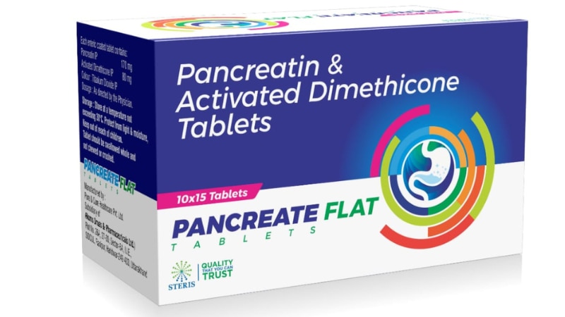 PANCREATE FLATPancreatin & DimethiconePancreate Flat is a medication that combines Pancreatin and Dimethicone. Pancreatin is a mixture of digestive enzymes produced by the pancreas, including amylase, lipase, and protease, which help in the breakdown of carbohydrates, fats, and proteins in the digestive system. This aids in the digestion and absorption of nutrients from food.Dimethicone is an anti-foaming agent that helps to reduce gas and bloating by breaking down bubbles in the stomach and intestines, providing relief from symptoms like indigestion, flatulence, and discomfort.Pancreate Flat is commonly used to support digestion in individuals with pancreatic insufficiency, a condition where the pancreas does not produce enough enzymes to properly digest food. It can also be helpful in managing symptoms of gas and bloating associated with various gastrointestinal conditions.By combining Pancreatin and Dimethicone, Pancreate Flat offers comprehensive support for digestive health, promoting efficient digestion and alleviating digestive discomfort. It is important to follow the dosage instructions provided by your healthcare provider and consult them for proper usage and any potential interactions with other medications or conditions.For further information:Email: info@sterispharma.com / contact@sterispharma.comCall/WhatsApp: 7877551268, 7849827488ORDER Now: https://www.sterisonline.com/product/pancreate-flat-134229