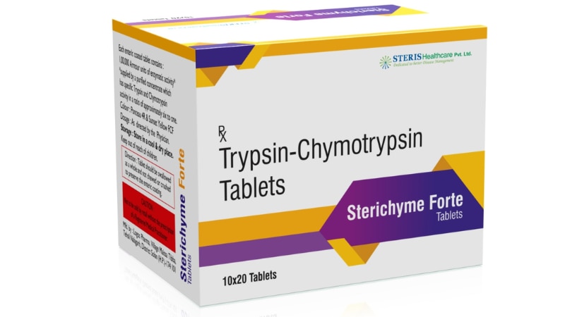 STERICHYME FORTE Trypsin ChymotrypsinSterichyme Forte is a combination medication containing Trypsin and Chymotrypsin. Trypsin and Chymotrypsin are enzymes that help in the breakdown of proteins, aiding in the management of inflammatory conditions. Sterichyme Forte is commonly used to alleviate pain and swelling associated with conditions like arthritis, injuries, and post-operative recovery. It works by reducing inflammation and promoting tissue healing.For further information:Email: info@sterispharma.com / contact@sterispharma.comCall/WhatsApp: 7877551268, 7849827488ORDER Now: https://www.sterisonline.com/product/sterichyme-forte-134133