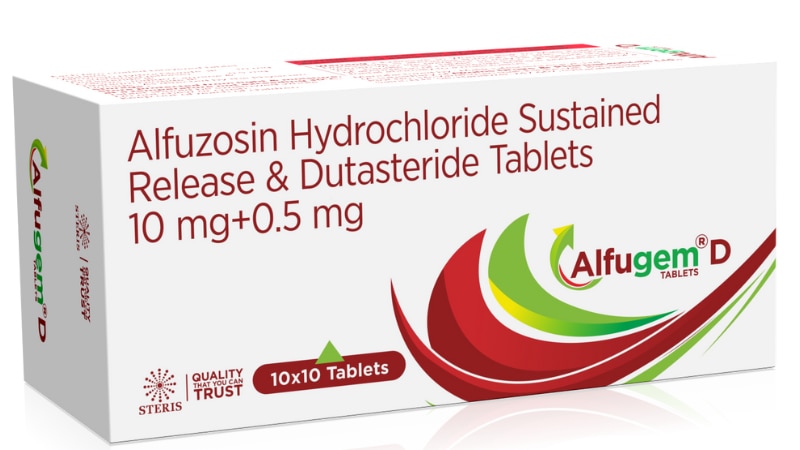 ALFUGEM D 10'S Alfuzosin SR (10mg), Dutasteride (0.5mg)Alfugem D is a medication that combines Alfuzosin SR (10mg) and Dutasteride (0.5mg). Alfuzosin SR is an alpha-blocker that relaxes the muscles in the prostate and bladder neck, making it easier to urinate. Dutasteride is a 5-alpha reductase inhibitor that helps shrink the prostate and improve urinary symptoms.Medication Name: Alfugem DComposition: Alfuzosin SR (10mg), Dutasteride (0.5mg)Type: Combination medicationPurpose:Alfuzosin SR (10mg) helps in the treatment of symptoms of benign prostatic hyperplasia (BPH), such as difficulty urinating, weak urine flow, and frequent urination.Dutasteride (0.5mg) aids in reducing the size of the prostate gland and improving urinary symptoms associated with BPH. For further information:Email: info@sterispharma.com / contact@sterispharma.comCall/WhatsApp: 7877551268, 7849827488ORDER Now: https://www.sterisonline.com/product/alfugem-d-10-s-133473