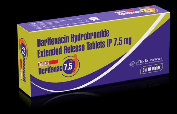 DERIFENAC 7.5Darifenacin HBr ER (7.5mg)Derifenac 7.5 is a medication containing Darifenacin Hydrobromide Extended-Release tablets with a strength of 7.5mg. It belongs to the class of anticholinergic medications used to treat overactive bladder (OAB) symptoms such as frequent urination, urgency, and urinary incontinence.Mechanism of Action: Darifenacin works by blocking certain receptors called muscarinic receptors in the bladder. This action helps relax the bladder muscles, reducing involuntary contractions and improving bladder control.For further information:Email: info@sterispharma.com / contact@sterispharma.comCall/WhatsApp: 7877551268, 7849827488ORDER Now: https://www.sterisonline.com/product/derifenac-7-5-133479