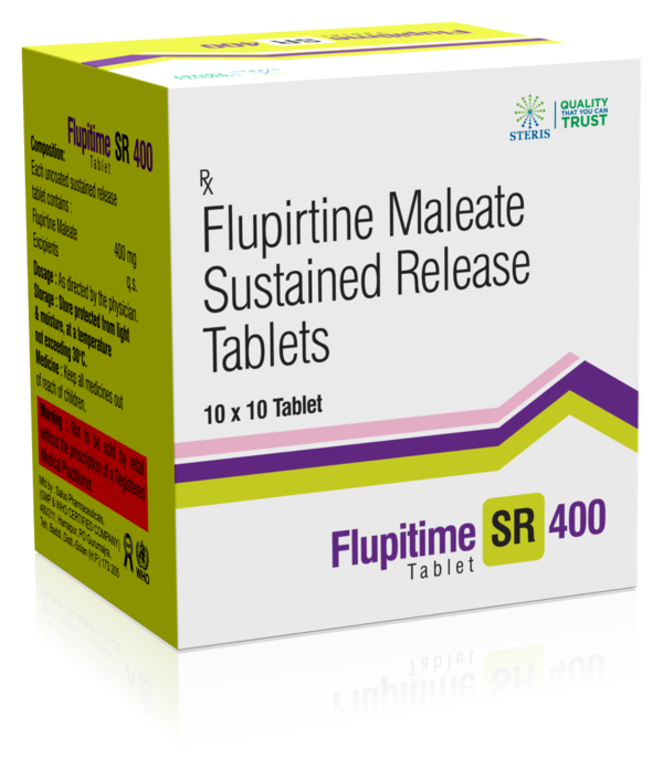 FLUPITIME SR 400 Flupirtine Maleate (400mg)IntroductionFLUPITIME SR 400 is a sustained-release medication containing Flupirtine Maleate (400mg), an effective non-opioid analgesic and muscle relaxant. It is used to manage various types of pain, including chronic pain conditions, musculoskeletal pain, and neuropathic pain. The sustained-release formulation ensures prolonged pain relief, making it a suitable option for patients requiring consistent pain management.Key Ingredient and Its BenefitsFlupirtine Maleate (400mg)Non-Opioid Analgesic: Flupirtine is a centrally acting analgesic that provides pain relief without the risks associated with opioid medications. It works by modulating the activity of specific neurons in the brain, reducing the perception of pain.Muscle Relaxant: In addition to its analgesic properties, Flupirtine also acts as a muscle relaxant, helping to relieve muscle tension and spasms.Neuroprotective Effects: Flupirtine has neuroprotective properties that help protect nerve cells from damage, making it beneficial for conditions involving neuropathic pain.Benefits of FLUPITIME SR 400Effective Pain Relief: FLUPITIME SR 400 provides effective relief from various types of pain, including chronic pain, musculoskeletal pain, and neuropathic pain.Prolonged Action: The sustained-release formulation ensures a steady release of the medication over time, providing long-lasting pain relief and reducing the need for frequent dosing.Muscle Relaxation: Flupirtine's muscle relaxant properties help alleviate muscle spasms and tension, contributing to overall pain relief and comfort.Non-Opioid Option: As a non-opioid analgesic, Flupirtine offers a safer alternative for pain management, minimizing the risk of addiction and other opioid-related side effects.Dosage and AdministrationDosageRecommended Dosage: The typical dosage of FLUPITIME SR 400 is one tablet taken once daily or as directed by a healthcare provider. The exact dosage may vary based on the patient's condition and response to treatment.AdministrationOral Use: Swallow the tablet whole with a glass of water. Do not crush, chew, or split the tablet, as this can interfere with the sustained-release properties of the medication.Consistency: Take the medication at the same time each day to maintain stable blood levels and optimize therapeutic effects.For further information: EMAIL: info@sterispharma.com / contact@sterispharma.com CALL/WHATSAPP: 7877551268, 7849827488 BUY NOWhttps://www.sterisonline.com/product/flupitime-sr-400-134355