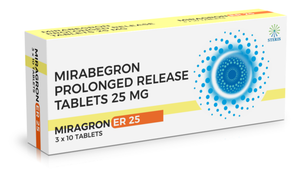 MIRAGRON ER 25Mirabegron (25mg)Miragron ER 25 contains Mirabegron 25mg, a medication used to treat overactive bladder (OAB) symptoms like frequent urination, urgency, and incontinence. It works by relaxing the bladder muscles, reducing the urge to urinate frequently. This extended-release formulation ensures steady drug levels, providing 24-hour relief from OAB symptoms. Mirabegron is a selective beta-3 adrenergic receptor agonist, offering a targeted approach with fewer side effects compared to anticholinergic medications. Common side effects may include headache, dizziness, and increased blood pressure, which usually resolve with continued use. Miragron ER 25 is typically taken once daily, preferably at the same time each day, to maintain consistent therapeutic effects. For further information:Email: info@sterispharma.com / contact@sterispharma.comCall/WhatsApp: 7877551268, 7849827488ORDER Now: https://www.sterisonline.com/product/miragron-er-25-133491