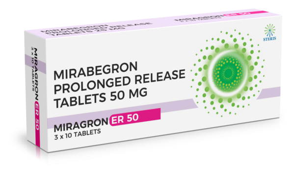 MIRAGRON ER 50Mirabegron (50mg)Mirabegron ER 50 (Mirabegron 50mg) is a medication used to treat overactive bladder (OAB) symptoms like frequent urination, urgency, and incontinence. It belongs to a class of drugs called beta-3 adrenergic agonists, which work by relaxing the bladder muscles, reducing urinary frequency and urgency.Drug Class: Beta-3 Adrenergic AgonistIndications: Overactive Bladder (OAB)Active Ingredient: Mirabegron 50mgDosage Form: Extended-Release Tablet (ER)Mechanism of Action: Stimulates beta-3 adrenergic receptors in the bladder, relaxing detrusor smooth muscle, and increasing bladder capacity.Administration: Take orally, usually once daily with or without food.Effectiveness: Improves OAB symptoms, reducing urinary frequency and urgency.Side Effects: May include headache, hypertension, urinary tract infection, and constipation.Contraindications: Hypersensitivity to mirabegron, severe uncontrolled hypertension, severe hepatic impairment.Precautions: Monitor blood pressure during treatment, caution in patients with severe renal impairment.Interactions: May interact with CYP3A4 inhibitors/inducers, antimuscarinic agents, and digoxin.Pregnancy/Breastfeeding: Use during pregnancy only if benefits outweigh risks, not recommended during breastfeeding.Storage: Store at room temperature away from moisture and heat.Mirabegron ER 50 provides effective relief for OAB symptoms with a convenient once-daily dosing regimen. However, it's important to follow your healthcare provider's instructions and report any adverse effects promptly. For further information:Email: info@sterispharma.com / contact@sterispharma.comCall/WhatsApp: 7877551268, 7849827488ORDER Now: https://www.sterisonline.com/product/miragron-er-50-133492