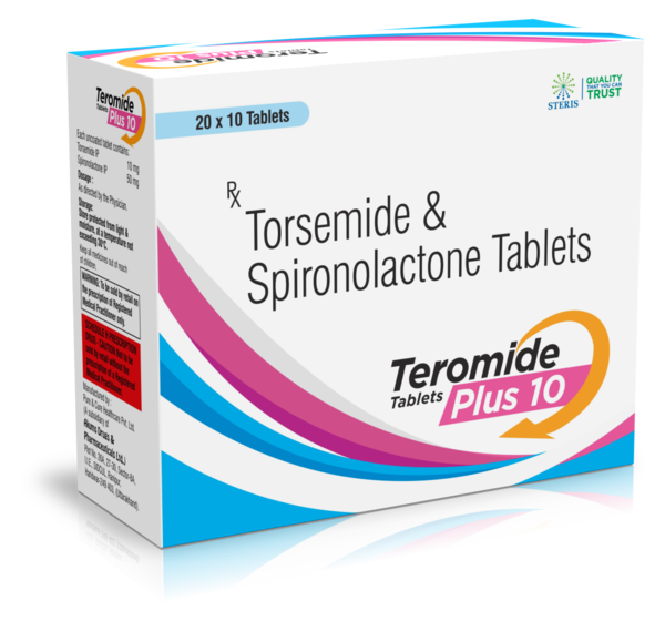 TEROMIDE PLUS 10Torsemide Tablets IP 100mgTEROMIDE PLUS 10 is a medication containing Torsemide Tablets IP 100mg. It's primarily used to treat conditions like edema (fluid retention) due to congestive heart failure, liver cirrhosis, or kidney disorders. Torsemide works by helping the kidneys eliminate excess water and salt from the body, reducing swelling and improving breathing. It's typically taken once daily, preferably in the morning, with or without food. Common side effects may include dizziness, dehydration, electrolyte imbalances, and low blood pressure. Consult your doctor for proper dosage and potential interactions with other medications.For further information:Email: info@sterispharma.com / contact@sterispharma.comCall/WhatsApp: 7877551268, 7849827488Order Now: https://www.sterisonline.com/product/teromide-plus-10-133398