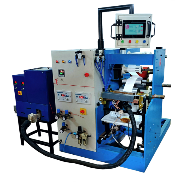 Hot Melt Coater Specification: MELTACOATER 6” RTRMachine Type: Die CoatingMax. Size of coating : 100mm, GSM: 20 to 175, Max. Speed of coating : Speed 10 mpm at 50 GSMM/c specifications:1. Unwind: 1To hold 110 mm width Silicon paper.76 MM core ID.Powder Brake2. Coating Station:Slot Die coating synchronized line speed and gear pump with PLCAll metal rolls heated evenly.Accurate Temp. Control.All silicon rolls dynamic balanced.Back up roller Pneumatically operated.AC Drive for coating roller.3. Lamination Nip:Dynamic balanced Metal roll, Silicone rollOperation & pressure PneumaticAC Drive to the nip4. Renwind: To hold max. 110 mm width material.400 mm Dia. Max.76 MM core ID.Tapper tension controlled winding.AC Drive for controlled winding.5. Permelter:Tank capacity 5 Lit.Melting Capacity 5 Lit/hrDry tank capacity: 5 Lit.liquid tank capacity 0.5 Lit.Pump Capacity 0.5 Lit/MinAccurate Temp. Control.6. Hot melt HoseTo Supply 5 Kgs/hrLength 1 mAccurate Temp. Control.DIMENTIONS: 2x1.25x 1.5 mTotal Electrical Load : 8 KWWatch the machine in running: https://youtu.be/LeLSOluz7Ig