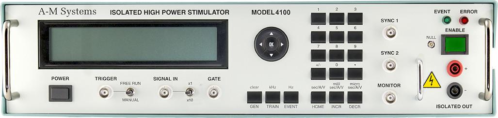 The Model 4100 Isolated High Power Programmable Stimulator is our most powerful,most fl exible, and most convenient single channel stimulator. It is designed for a widevariety of applications, including fi eld stimulation. The Model 4100 is designed to be yourlab’s workhorse stimulator, delivering maximum performance at a fair price.Common applications for the Model 4100 Isolated High Power Stimulator include, but arenot limited to:long-term potentiation (LTP) nerve conductionlong-term depression (LTD) evoked potentialsclassical conditioning lesionsfield stimulation kindling / seizure modelsSpecifications.Amplitude -200 V to 200 V @ 100 mAMinimum Event Width 1 microsecondMaximum Event Width 25 hoursMinimum Event Interval 2 microsecondsBandwidth 1MHzTrigger Options Manual, External, or Free-RunSoftware Windows, OSx, Matlab, LabView, iOS, Android
