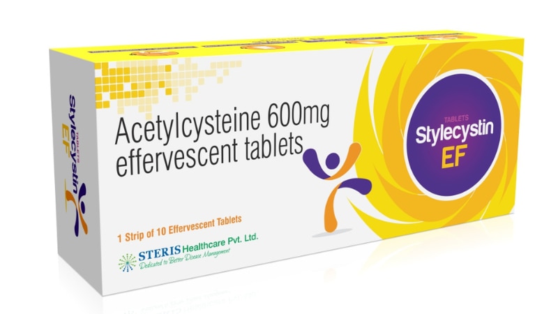 STYLECYSTIN EFN- Acetylecystine Effervscent (600mg)Stylecystin EF is an effervescent tablet containing N-Acetylcysteine (600mg). It is used to treat conditions like chronic obstructive pulmonary disease (COPD) and acetaminophen overdose. N-Acetylcysteine works by loosening thick mucus in the lungs, making it easier to cough out. It also acts as an antioxidant, protecting cells from damage caused by free radicals. Common side effects may include nausea, vomiting, and diarrhea. Always consult a healthcare professional before using this medication. For further information:Email: info@sterispharma.com / contact@sterispharma.comCall/WhatsApp: 7877551268, 7849827488ORDER Now: https://www.sterisonline.com/product/stylecystin-ef-133751