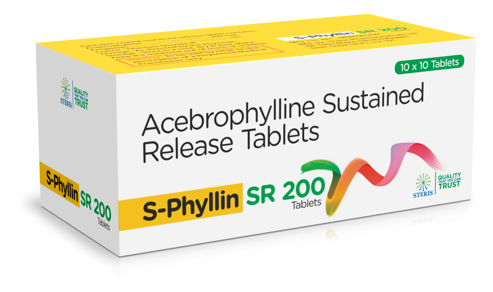 S PHYLLIN SR 200Acebrophyllin (200mg SR)S PHYLLIN SR 200 contains Acebrophyllin in a sustained-release (SR) formulation at a dosage of 200mg. It is commonly used to manage conditions like chronic obstructive pulmonary disease (COPD) and asthma. Acebrophyllin acts as a bronchodilator, helping to widen the airways and improve breathing. This medication is designed for long-term management and should be taken as prescribed by a healthcare professional. Potential side effects may include nausea, vomiting, headache, and palpitations. Always consult with your doctor before starting or changing any medication regimen.For further information:Email: info@sterispharma.com / contact@sterispharma.comCall/WhatsApp: 7877551268, 7849827488ORDER Now: https://www.sterisonline.com/product/s-phyllin-sr-200-133748