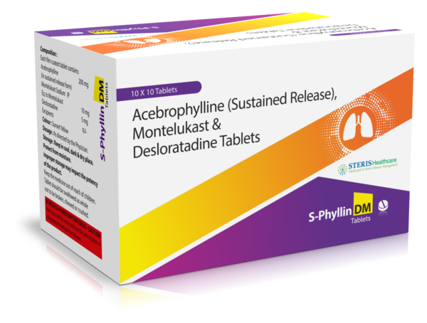 S PHYLLIN DM Acebrophylline (200mg SR), Desloratadine (5mg), Montelukast (10mg)S PHYLLIN DM tablet contains Acebrophylline (200mg SR), Desloratadine (5mg), and Montelukast (10mg).Usage: S PHYLLIN DM is primarily used to treat respiratory conditions such as asthma, chronic obstructive pulmonary disease (COPD), and bronchitis. Acebrophylline helps in clearing airways, Desloratadine relieves allergy symptoms, and Montelukast reduces inflammation.Dosage: The usual dosage is one tablet per day, preferably in the morning or as directed by a healthcare professional. Do not exceed the recommended dosage without medical advice.Side Effects: Common side effects may include nausea, headache, dizziness, dry mouth, and sleep disturbances. Inform your doctor if you experience any severe or persistent side effects.Precautions: Avoid alcohol consumption while taking S PHYLLIN DM as it may increase the risk of side effects. Inform your doctor about any other medications or medical conditions you have before starting this medicine.Price: The price of S PHYLLIN DM may vary depending on the brand and location. It is available as a prescription medicine and should be used under medical supervision only.Conclusion: S PHYLLIN DM is a combination medicine that effectively treats respiratory conditions. It combines the benefits of Acebrophylline, Desloratadine, and Montelukast to provide relief from symptoms and improve respiratory function. Follow your doctor's instructions for the best results and consult them for any concerns or questions. For further information:Email: info@sterispharma.com / contact@sterispharma.comCall/WhatsApp: 7877551268, 7849827488ORDER Now: https://www.sterisonline.com/product/s-phyllin-dm-133745