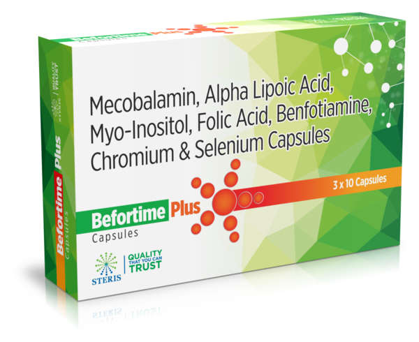 BEFORTIME PLUS Benfotiamine Alpha Lipoic Acid, Inositol, Mecobalamin, Folic Acid, Chromium and Selenium CapsulesIntroductionBEFORTIME PLUS is a premium nutritional supplement that combines Benfotiamine, Alpha Lipoic Acid, Inositol, Mecobalamin (Vitamin B12), Folic Acid (Vitamin B9), Chromium, and Selenium. This powerful blend of ingredients is designed to provide comprehensive support for nerve health, antioxidant protection, metabolic function, and overall well-being.Key Ingredients and Their BenefitsBenfotiamineNerve Health: Benfotiamine is a fat-soluble form of Vitamin B1 (thiamine) that supports nerve health by protecting nerves from oxidative stress and improving nerve signal transmission.Blood Sugar Management: It also helps in managing blood sugar levels by improving glucose metabolism.Alpha Lipoic AcidAntioxidant Protection: Alpha Lipoic Acid is a potent antioxidant that helps neutralize harmful free radicals in the body, protecting cells from oxidative damage.Nerve Pain Relief: It is known for its ability to reduce nerve pain and improve nerve function, particularly in conditions like diabetic neuropathy.InositolCell Membrane Support: Inositol plays a crucial role in the health of cell membranes, particularly in the brain and nervous system.Mood Enhancement: It is also beneficial for mood regulation and has been used to treat conditions like anxiety and depression.Mecobalamin (Vitamin B12)Nerve Regeneration: Mecobalamin is an active form of Vitamin B12 that supports nerve regeneration and repair, essential for maintaining healthy nerve function.Energy Production: It plays a key role in energy production by aiding in the formation of red blood cells and DNA synthesis.Folic Acid (Vitamin B9)Cell Growth: Folic Acid is vital for cell growth and the formation of DNA. It is essential for pregnant women to prevent neural tube defects in the developing fetus.Homocysteine Regulation: It helps regulate homocysteine levels, which is important for cardiovascular health.ChromiumBlood Sugar Control: Chromium is an essential mineral that helps regulate blood sugar levels by enhancing the action of insulin.Metabolic Function: It supports metabolic function and helps in the breakdown of carbohydrates, fats, and proteins.SeleniumImmune Support: Selenium is a powerful antioxidant that supports the immune system and protects cells from oxidative stress.Thyroid Health: It is essential for the proper functioning of the thyroid gland and the production of thyroid hormones.Benefits of BEFORTIME PLUSComprehensive Nutritional Support: BEFORTIME PLUS provides a blend of essential vitamins, minerals, and antioxidants to support overall health and well-being.Nerve Health: The combination of Benfotiamine, Alpha Lipoic Acid, and Mecobalamin supports nerve health, reduces nerve pain, and promotes nerve regeneration.Antioxidant Protection: Alpha Lipoic Acid and Selenium offer potent antioxidant protection, helping to neutralize free radicals and protect cells from damage.Metabolic Function: Chromium helps regulate blood sugar levels and supports metabolic function, making it beneficial for individuals with blood sugar management concerns.Energy Production: Mecobalamin and Folic Acid support energy production and the formation of healthy red blood cells.Immune Support: Selenium boosts the immune system, enhancing the body's ability to fight off infections and diseases.Dosage and AdministrationDosageRecommended Dosage: The typical dosage of BEFORTIME PLUS is one capsule taken once daily, or as directed by a healthcare provider.AdministrationOral Use: Swallow the capsule whole with a full glass of water. It can be taken with or without food.Consistency: For optimal results, take BEFORTIME PLUS at the same time each day to maintain consistent levels of nutrients in your body.For further information: EMAIL: info@sterispharma.com / contact@sterispharma.com CALL/WHATSAPP: 7877551268, 7849827488 Order NOW https://www.sterisonline.com/product/befortime-plus-133414