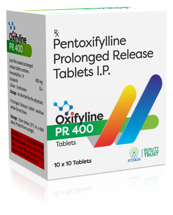 OXIFYLINE PR 400 Pentoxifylline (400mg)OXIFYLINE PR 400 contains Pentoxifylline in a strength of 400mg. Pentoxifylline is a medication used to improve blood flow in people with circulation problems. It works by decreasing the viscosity (thickness) of blood and improving its flow through blood vessels. This medication is commonly prescribed to treat conditions like intermittent claudication, a condition characterized by leg pain during physical activity due to poor blood flow. It may also be used to improve symptoms in patients with peripheral artery disease. OXIFYLINE PR 400 should be taken as directed by a healthcare professional.For further information:Email: info@sterispharma.com / contact@sterispharma.comCall/WhatsApp: 7877551268, 7849827488ORDER Now: https://www.sterisonline.com/product/oxifyline-pr-400-134198