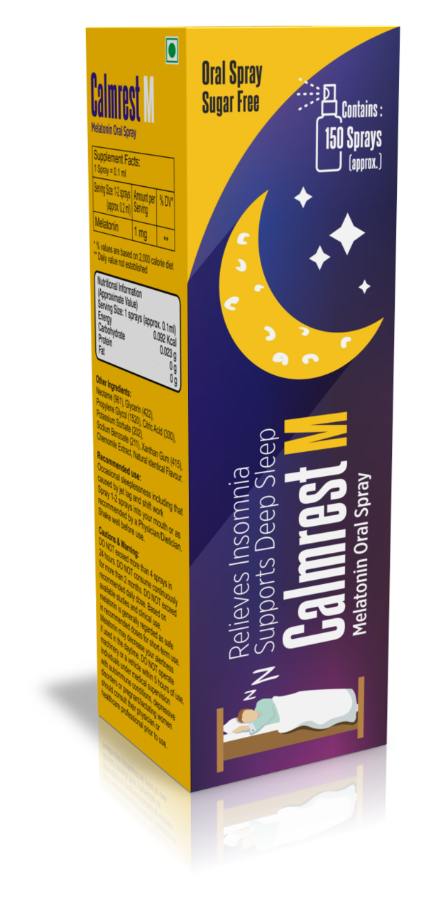 CALMREST M SPRAY Metalonin Oral SprayIntroductionCALMREST M SPRAY contains Melatonin, a natural hormone that regulates the sleep-wake cycle. This oral spray formulation provides a convenient and effective way to manage sleep disorders, helping individuals achieve a restful night's sleep. Melatonin supplements are particularly beneficial for those with irregular sleep patterns due to shift work, jet lag, or insomnia.Key Ingredient and Its BenefitsMelatoninRegulates Sleep-Wake Cycle: Melatonin is a hormone naturally produced by the pineal gland in the brain. It plays a crucial role in regulating the sleep-wake cycle, signaling to the body when it's time to sleep.Improves Sleep Quality: Melatonin supplements help improve sleep quality by promoting deeper, more restful sleep. It helps reduce the time it takes to fall asleep and can enhance overall sleep duration.Jet Lag Relief: Melatonin is effective in alleviating the symptoms of jet lag by helping the body adjust to new time zones more quickly.Non-Habit Forming: Unlike many prescription sleep aids, melatonin is non-habit forming and has a low risk of dependency.Benefits of CALMREST M SPRAYConvenient Administration: The oral spray formulation allows for quick and easy administration, with faster absorption compared to tablets or capsules.Effective Sleep Aid: CALMREST M SPRAY helps regulate the sleep-wake cycle, promoting better sleep quality and duration.Natural and Safe: Melatonin is a natural hormone with a favorable safety profile, making it suitable for long-term use.Non-Habit Forming: The spray is non-habit forming, providing a safe alternative to traditional sleep medications.Dosage and AdministrationDosageSleep Disorders: The typical dosage for adults is 1-2 sprays (each spray delivering a specified amount of melatonin) taken 30 minutes before bedtime. The exact dosage should be determined based on individual needs and healthcare provider recommendations.AdministrationOral Use: Spray the solution directly into the mouth, preferably under the tongue or on the inside of the cheek for optimal absorption.Consistency: For best results, use CALMREST M SPRAY consistently at the same time each night to regulate your sleep-wake cycle effectively.For further information: EMAIL: info@sterispharma.com / contact@sterispharma.com CALL/WHATSAPP: 7877551268, 7849827488 Order NOW https://www.sterisonline.com/product/calmrest-m-spray-133917