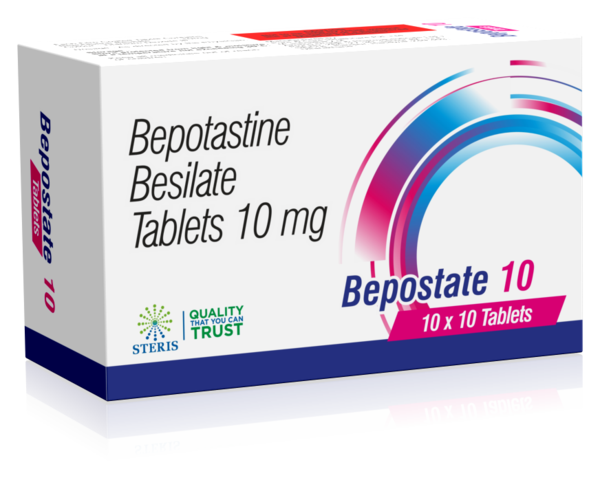 BEPOSTATE 10Bepotastine Besilate 10 mgBepostate 10 contains 10 mg of Bepotastine Besilate, an antihistamine used to relieve allergy symptoms like itching, sneezing, and runny nose caused by hay fever or other allergies. It works by blocking histamine, a natural substance in the body that causes allergic symptoms. Bepostate 10 is commonly prescribed for allergic rhinitis and urticaria (hives). It is available in tablet form for oral administration. Dosage and duration should be as per your doctor's recommendation. Common side effects may include drowsiness, dry mouth, and headache.For further information:Email: info@sterispharma.com / contact@sterispharma.comCall/WhatsApp: 7877551268, 7849827488ORDER Now: https://www.sterisonline.com/product/bepostate-10-133721