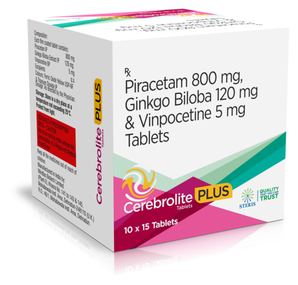 CEREBROLITE PLUS Piracetam (800mg), Ginkgo Biloba (120mg) & Vinpocetine (5mg)IntroductionCEREBROLITE PLUS is a potent combination of Piracetam (800mg), Ginkgo Biloba (120mg), and Vinpocetine (5mg), designed to enhance cognitive function, improve memory, and support overall brain health. This synergistic blend of ingredients provides comprehensive neuroprotection and cognitive enhancement, making it an ideal supplement for individuals seeking to improve mental performance and protect against cognitive decline.Key Ingredients and Their BenefitsPiracetam (800mg)Cognitive Enhancer: Piracetam is a well-known nootropic that enhances cognitive functions such as memory, learning, and attention by increasing the efficiency of neurotransmission in the brain.Neuroprotective Effects: It protects neurons from damage and supports brain health by improving cell membrane fluidity and promoting neuroplasticity.Improved Blood Flow: Piracetam increases cerebral blood flow, ensuring better oxygen and nutrient delivery to brain cells.Ginkgo Biloba (120mg)Antioxidant Properties: Ginkgo Biloba is rich in flavonoids and terpenoids, which have powerful antioxidant effects, protecting brain cells from oxidative stress and free radical damage.Enhanced Circulation: It improves blood circulation, particularly to the brain, enhancing cognitive functions and reducing symptoms of cognitive decline.Neuroprotective: Ginkgo Biloba supports brain health by protecting against neuronal damage and promoting neurogenesis.Vinpocetine (5mg)Vasodilator: Vinpocetine increases cerebral blood flow by dilating blood vessels in the brain, improving oxygen and nutrient supply to brain cells.Neuroprotective: It protects neurons from damage caused by ischemia and oxidative stress, supporting brain health and cognitive function.Cognitive Enhancer: Vinpocetine enhances memory, learning, and overall mental performance by increasing the availability of neurotransmitters in the brain.Benefits of CEREBROLITE PLUSEnhanced Cognitive Function: CEREBROLITE PLUS improves memory, learning, attention, and overall cognitive performance through the combined effects of its potent ingredients.Neuroprotection: The formulation provides comprehensive neuroprotection, safeguarding brain cells from oxidative stress, free radical damage, and ischemic injury.Improved Blood Circulation: By enhancing cerebral blood flow, CEREBROLITE PLUS ensures better oxygen and nutrient delivery to brain cells, supporting optimal brain function.Overall Brain Health: The synergistic blend of Piracetam, Ginkgo Biloba, and Vinpocetine promotes long-term brain health, protecting against cognitive decline and enhancing mental clarity.Dosage and AdministrationDosageCognitive Enhancement: The typical dosage of CEREBROLITE PLUS is one tablet taken once or twice daily, or as prescribed by a healthcare provider. The dosage may be adjusted based on the patient’s response and specific health needs.AdministrationOral Use: Swallow the tablet whole with a full glass of water. It can be taken with or without food.Consistency: For optimal results, take CEREBROLITE PLUS at the same time each day to maintain consistent levels of the active ingredients in your bloodstream.For further information: EMAIL: info@sterispharma.com / contact@sterispharma.com CALL/WHATSAPP: 7877551268, 7849827488 Order NOW https://www.sterisonline.com/product/cerebrolite-plus-134060
