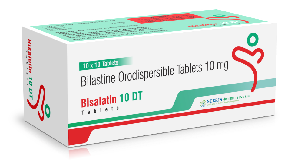 BISALATIN 10 DT Bilastine Dipersible (10mg)Bisalatin 10 DT contains Bilastine Dispersible tablets with a dosage of 10mg. It belongs to the antihistamine class of medications used primarily to treat allergic conditions such as hay fever, allergic rhinitis, and urticaria (hives).Mechanism of Action:Bilastine, the active ingredient in Bisalatin 10 DT, works by blocking histamine receptors in the body. Histamine is a substance released during an allergic reaction, causing symptoms like itching, sneezing, and runny nose. By blocking these receptors, Bilastine reduces allergic symptoms.Indications:Bisalatin 10 DT is indicated for the relief of symptoms associated with allergic rhinitis (seasonal or perennial) and chronic idiopathic urticaria (hives) in adults and children aged 12 years and older.Dosage and Administration:The usual dose for adults and children aged 12 years and above is one 10mg dispersible tablet once daily, with or without food.The tablet should be dispersed in a glass of water and stirred before consumption.It is important to follow the prescribed dosage and instructions provided by your healthcare provider.Contraindications:Bisalatin 10 DT is contraindicated in patients with known hypersensitivity to Bilastine or any of the tablet's components.It is not recommended for use in children under 12 years of age.Side Effects:Common side effects of Bisalatin 10 DT may include headache, dizziness, drowsiness, dry mouth, and gastrointestinal disturbances. If any severe or persistent side effects occur, contact your healthcare provider.Precautions:Use caution when driving or operating machinery as Bisalatin 10 DT may cause drowsiness.Avoid consuming alcohol while taking this medication as it may increase drowsiness.Inform your healthcare provider about any other medications or supplements you are taking before starting Bisalatin 10 DT.For further information:Email: info@sterispharma.com / contact@sterispharma.comCall/WhatsApp: 7877551268, 7849827488ORDER Now: https://www.sterisonline.com/product/bisalatin-10-dt-133722