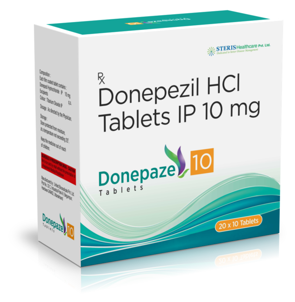DONEPAZE 10 Donepazil (10mg)IntroductionDONEPAZE 10 contains Donepezil (10 mg), a cholinesterase inhibitor used to treat the symptoms of Alzheimer’s disease. Donepezil works by increasing the levels of acetylcholine, a neurotransmitter associated with memory and learning, in the brain. This medication is designed to improve cognitive function, enhance memory, and slow the progression of symptoms in patients with Alzheimer's disease.Key Ingredient and Its BenefitsDonepezil (10 mg)Cognitive Enhancement: Donepezil improves cognitive function in patients with Alzheimer’s disease by increasing the availability of acetylcholine in the brain.Memory Improvement: It helps enhance memory and learning capabilities by slowing the breakdown of acetylcholine, a neurotransmitter essential for these processes.Symptom Management: Donepezil is effective in managing the symptoms of mild to moderate Alzheimer’s disease, helping patients maintain their daily functions and quality of life.Slow Progression: While not a cure, Donepezil can slow the progression of Alzheimer's symptoms, providing significant benefits to patients and caregivers.Benefits of DONEPAZE 10Improved Cognitive Function: DONEPAZE 10 enhances cognitive abilities, including memory, attention, and problem-solving skills, in patients with Alzheimer’s disease.Symptom Relief: It effectively manages the symptoms of Alzheimer’s disease, helping patients maintain their independence and perform daily activities.Enhanced Quality of Life: By improving cognitive function and slowing symptom progression, DONEPAZE 10 enhances the overall quality of life for patients and provides relief for caregivers.Once-Daily Dosing: The convenience of once-daily dosing improves patient compliance and ensures consistent therapeutic effects.Dosage and AdministrationDosageAlzheimer’s Disease: The recommended starting dose is 5 mg once daily, which may be increased to 10 mg once daily after 4-6 weeks based on clinical response and tolerance. The exact dosage should be determined by a healthcare provider.AdministrationOral Use: Swallow the tablet whole with a full glass of water. It can be taken with or without food.Consistency: For optimal results, take DONEPAZE 10 at the same time each day to maintain consistent medication levels in your bloodstream.For further information: EMAIL: info@sterispharma.com / contact@sterispharma.com CALL/WHATSAPP: 7877551268, 7849827488 Order NOWhttps://www.sterisonline.com/product/donepaze-10-133555