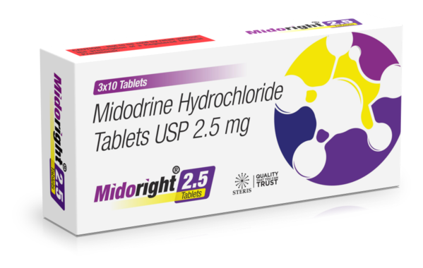 MIDORIGHT 2.5Midodrine Hydrochloride (2.5mg)Introduction:MIDORIGHT 2.5 contains Midodrine Hydrochloride (2.5 mg), a medication primarily used to treat orthostatic hypotension (a condition where blood pressure drops significantly upon standing). Midodrine works by constricting blood vessels, which increases blood pressure and improves symptoms such as dizziness and lightheadedness.Key Features and Benefits:Blood Pressure Regulation: Midodrine Hydrochloride effectively increases blood pressure by causing vasoconstriction, thereby reducing symptoms of orthostatic hypotension.Symptom Relief: By stabilizing blood pressure, MIDORIGHT 2.5 helps alleviate common symptoms of orthostatic hypotension, including dizziness, lightheadedness, and fainting.Improved Quality of Life: Patients using Midodrine often experience an improved ability to perform daily activities without the debilitating effects of low blood pressure.Rapid Action: Midodrine is fast-acting, providing quick relief from symptoms of orthostatic hypotension.Dosage and Administration:Initial Dosage: The typical starting dose of MIDORIGHT 2.5 is 2.5 mg taken three times a day. The dosing schedule should be closely followed to maintain consistent blood pressure levels throughout the day.Maintenance Dosage: The dosage may be adjusted by a healthcare provider based on the patient's response to treatment. The usual maintenance dose ranges from 2.5 mg to 10 mg taken three times daily.Administration: The tablet should be taken orally with water, ideally during the daytime and not within four hours before bedtime to avoid supine hypertension (high blood pressure while lying down).For further information: EMAIL: info@sterispharma.com / contact@sterispharma.com CALL/WHATSAPP: 7877551268, 7849827488 Order NOWhttps://www.sterisonline.com/product/midoright-2-5-134227