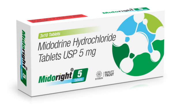 MIDORIGHT 5 Midodrine Hydrochloride 5 mgIntroduction:MIDORIGHT 5 contains Midodrine Hydrochloride (5 mg), a medication primarily used to treat orthostatic hypotension, a condition characterized by a significant drop in blood pressure upon standing. Midodrine works by constricting blood vessels, which increases blood pressure and alleviates symptoms such as dizziness and lightheadedness.Key Features and Benefits:Blood Pressure Regulation: Midodrine Hydrochloride effectively increases blood pressure by causing vasoconstriction, thereby reducing symptoms of orthostatic hypotension.Symptom Relief: By stabilizing blood pressure, MIDORIGHT 5 helps alleviate common symptoms of orthostatic hypotension, including dizziness, lightheadedness, and fainting.Improved Quality of Life: Patients using Midodrine often experience an improved ability to perform daily activities without the debilitating effects of low blood pressure.Rapid Action: Midodrine is fast-acting, providing quick relief from symptoms of orthostatic hypotension.Dosage and Administration:Initial Dosage: The typical starting dose of MIDORIGHT 5 is 5 mg taken three times a day. The dosing schedule should be closely followed to maintain consistent blood pressure levels throughout the day.Maintenance Dosage: The dosage may be adjusted by a healthcare provider based on the patient's response to treatment. The usual maintenance dose ranges from 5 mg to 10 mg taken three times daily.Administration: The tablet should be taken orally with water, ideally during the daytime and not within four hours before bedtime to avoid supine hypertension (high blood pressure while lying down).For further information: EMAIL: info@sterispharma.com / contact@sterispharma.com CALL/WHATSAPP: 7877551268, 7849827488 Order NOWhttps://www.sterisonline.com/product/midoright-5-134225