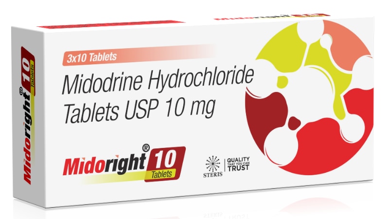 MIDORIGHT 10 Midodrine Hydrochloride 10 mgIntroduction:MIDORIGHT 10 contains Midodrine Hydrochloride (10 mg), a powerful medication used to treat orthostatic hypotension, a condition where blood pressure drops significantly upon standing. Midodrine works by constricting blood vessels, which increases blood pressure and alleviates symptoms such as dizziness and lightheadedness.Key Features and Benefits:Blood Pressure Regulation: Midodrine Hydrochloride effectively increases blood pressure by causing vasoconstriction, thereby reducing symptoms of orthostatic hypotension.Symptom Relief: By stabilizing blood pressure, MIDORIGHT 10 helps alleviate common symptoms of orthostatic hypotension, including dizziness, lightheadedness, and fainting.Improved Quality of Life: Patients using Midodrine often experience an improved ability to perform daily activities without the debilitating effects of low blood pressure.Rapid Action: Midodrine is fast-acting, providing quick relief from symptoms of orthostatic hypotension.Dosage and Administration:Initial Dosage: The typical starting dose of MIDORIGHT 10 is 10 mg taken three times a day. The dosing schedule should be closely followed to maintain consistent blood pressure levels throughout the day.Maintenance Dosage: The dosage may be adjusted by a healthcare provider based on the patient's response to treatment. The usual maintenance dose is 10 mg taken three times daily.Administration: The tablet should be taken orally with water, ideally during the daytime and not within four hours before bedtime to avoid supine hypertension (high blood pressure while lying down).For further information: EMAIL: info@sterispharma.com / contact@sterispharma.com CALL/WHATSAPP: 7877551268, 7849827488 Order NOWhttps://www.sterisonline.com/product/midoright-10-134242