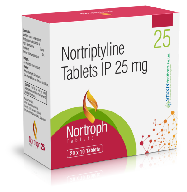NORTROPH 25 Nortriptyline (25mg)Introduction:NORTROPH 25 contains Nortriptyline (25 mg), a tricyclic antidepressant (TCA) used to treat major depressive disorder and certain types of chronic pain, including neuropathic pain. Nortriptyline works by influencing the balance of neurotransmitters in the brain, thereby improving mood and alleviating pain symptoms.Key Features and Benefits:Effective Antidepressant: Nortriptyline is highly effective in treating symptoms of depression, including persistent sadness, loss of interest in activities, and feelings of hopelessness.Pain Relief: Nortriptyline is beneficial for managing chronic pain conditions, particularly neuropathic pain, providing significant relief and improving quality of life.Anxiety Reduction: Besides its antidepressant properties, Nortriptyline helps reduce anxiety symptoms, contributing to overall mental well-being.Sleep Improvement: Nortriptyline can help improve sleep patterns in individuals experiencing insomnia related to depression or chronic pain.Proven Track Record: As a well-established medication, Nortriptyline has a long history of effectiveness and safety in the treatment of depression and chronic pain.Dosage and Administration:Initial Dosage: The typical starting dose of NORTROPH 25 is 25 mg taken once daily, usually at bedtime due to its sedative effects.Maintenance Dosage: The dosage may be gradually increased by a healthcare provider based on the patient's response to treatment. The usual maintenance dose ranges from 50 mg to 150 mg per day, divided into one or two doses.Administration: The tablet should be taken orally with water, with or without food. It is important to take Nortriptyline at the same time each day to maintain consistent medication levels in the bloodstream.For further information: EMAIL: info@sterispharma.com / contact@sterispharma.com CALL/WHATSAPP: 7877551268, 7849827488 Order NOWhttps://www.sterisonline.com/product/nortroph-25-133594