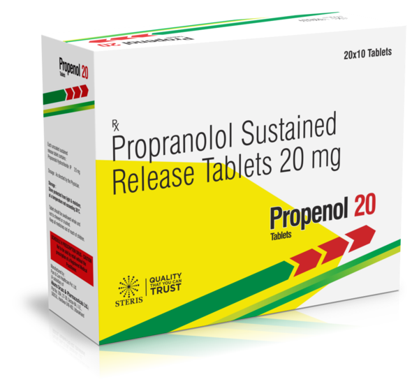 PROPENOL 20 Propranolol (20mg)Introduction:PROPENOL 20 is a medication containing Propranolol (20mg), a beta-blocker used to manage various cardiovascular conditions such as hypertension, angina, arrhythmias, and anxiety disorders. Propranolol belongs to the class of non-selective beta-adrenergic blockers, which work by blocking beta receptors, leading to reduced heart rate, blood pressure, and anxiety symptoms.Key Features and Benefits:Hypertension Management: PROPENOL 20 effectively lowers blood pressure by blocking the effects of adrenaline on the heart and blood vessels, reducing the workload on the heart and improving overall cardiovascular health.Angina Relief: It helps alleviate chest pain (angina) by reducing the heart's oxygen demand, improving blood flow to the heart, and decreasing the frequency and severity of angina attacks.Arrhythmia Control: Propranolol can help stabilize heart rhythm, particularly in cases of tachycardia (rapid heartbeat) and certain types of arrhythmias, promoting a regular and healthy heart rate.Anxiety Treatment: PROPENOL 20 is also prescribed for managing anxiety disorders, including performance anxiety, social anxiety, and generalized anxiety disorder (GAD). It reduces physical symptoms of anxiety such as rapid heartbeat, tremors, and sweating.Migraine Prevention: Some individuals benefit from Propranolol in preventing migraine headaches. It reduces the frequency, duration, and intensity of migraine attacks, improving quality of life for migraine sufferers.Versatile Use: Propranolol's versatility in treating multiple conditions makes it a valuable medication in both cardiovascular and mental health settings.Dosage and Administration:Initial Dosage: The typical starting dose of PROPENOL 20 for hypertension or anxiety is 20mg taken two to three times daily. The dosage may be adjusted based on the patient's response to treatment and the severity of the condition.Maintenance Dosage: The maintenance dose may range from 40mg to 320mg per day, divided into multiple doses. It is important to follow the dosage regimen prescribed by your healthcare provider.Administration: Take PROPENOL 20 orally with water, preferably before meals. Swallow the tablet whole without crushing or chewing it. Consistent daily intake is crucial for optimal therapeutic effects.Missed Dose: If you miss a dose, take it as soon as you remember. If it is almost time for the next dose, skip the missed dose and continue with the regular schedule. Do not double dose to compensate for a missed one.For further information: EMAIL: info@sterispharma.com / contact@sterispharma.com CALL/WHATSAPP: 7877551268, 7849827488 Order NOWhttps://www.sterisonline.com/product/propenol-20-134106